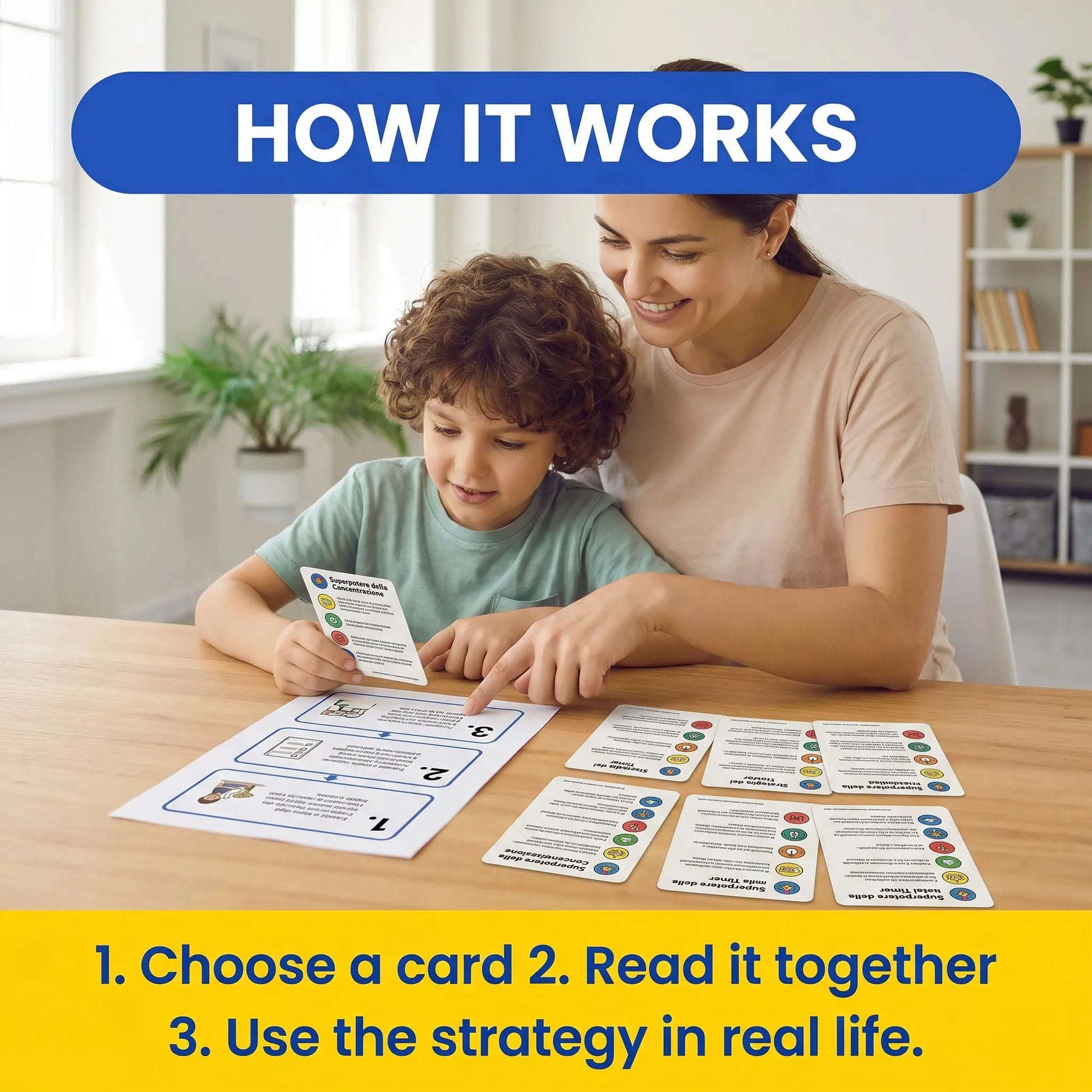 Parent and child read an ADHD card together, showing a simple three-step method for using coping strategies.