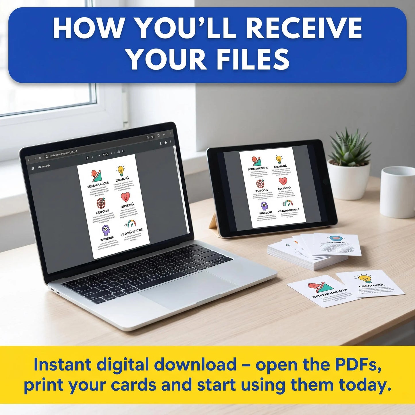 Laptop and tablet display ADHD printable cards, highlighting instant digital download and easy at-home printing