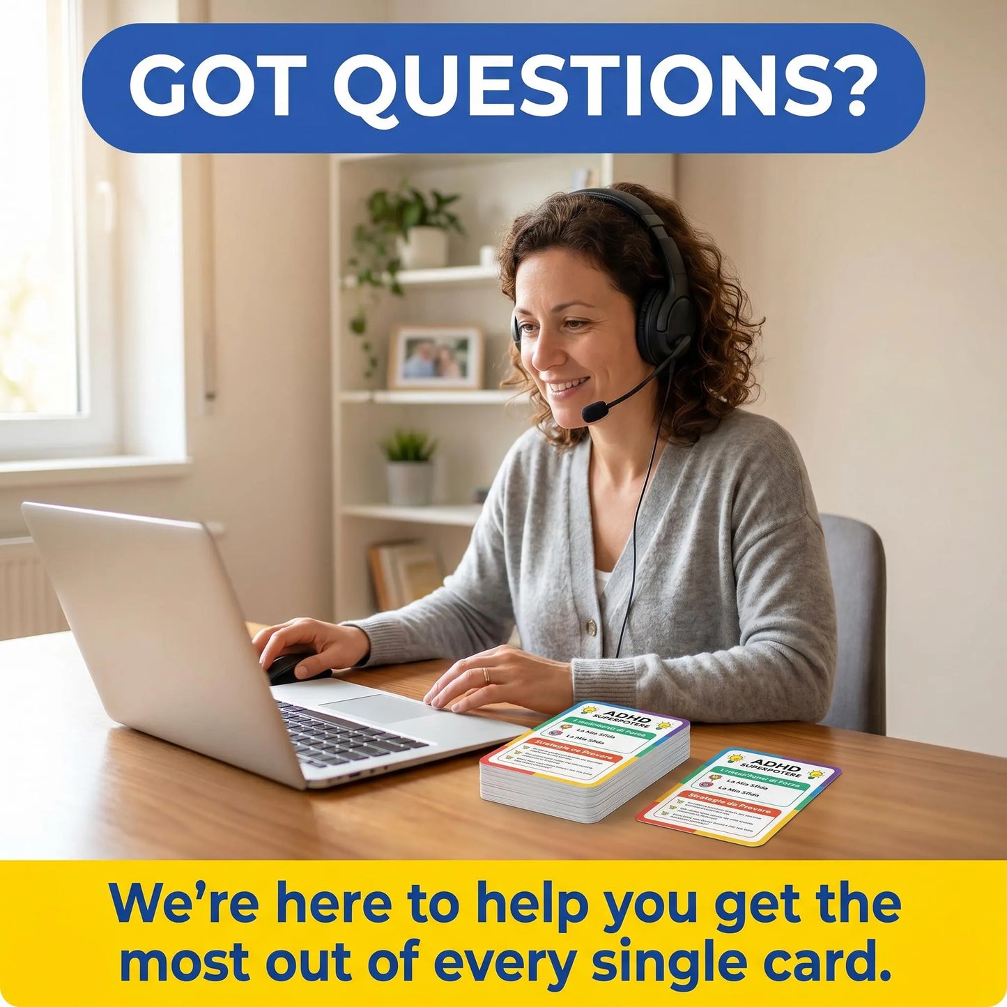 Parent works at a desk with ADHD cards and a laptop, suggesting guidance for using each printable strategy well