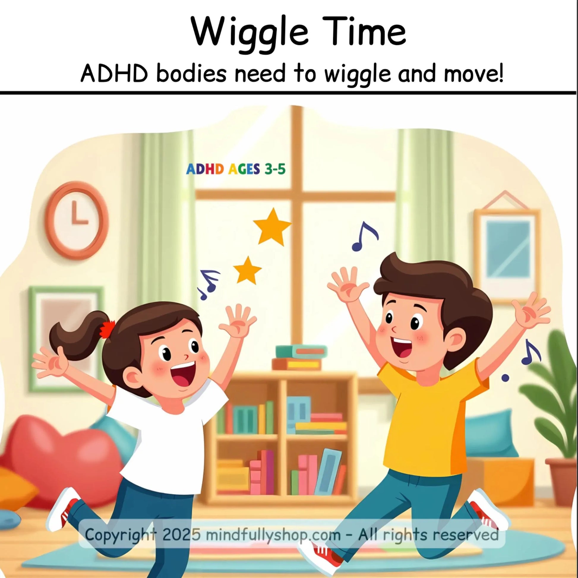 ADHD movement break card shows children wiggling indoors, encouraging body-based focus support through playful motion