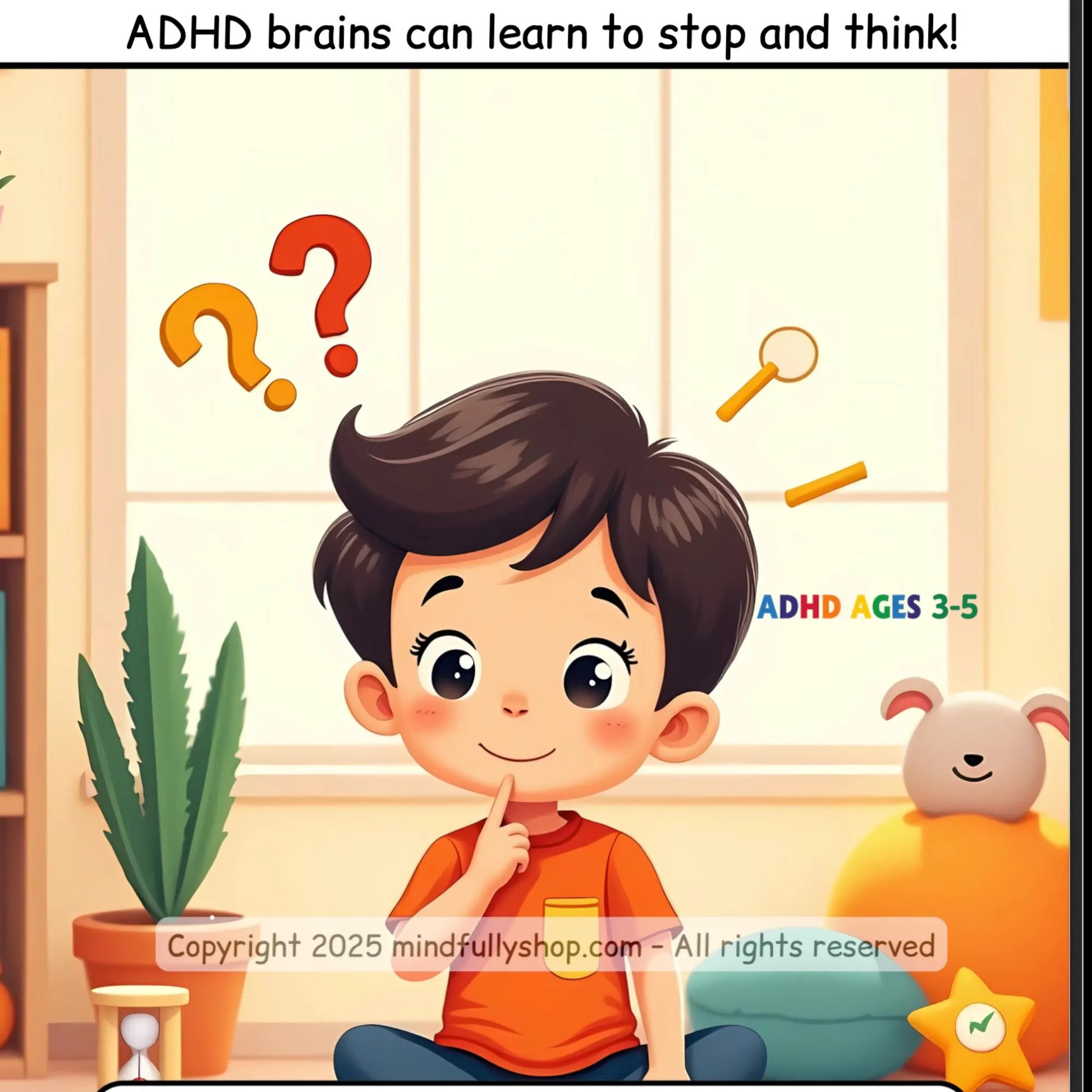 Illustrated ADHD card with child and question marks teaches pause-and-think skills for better choices and self-control.