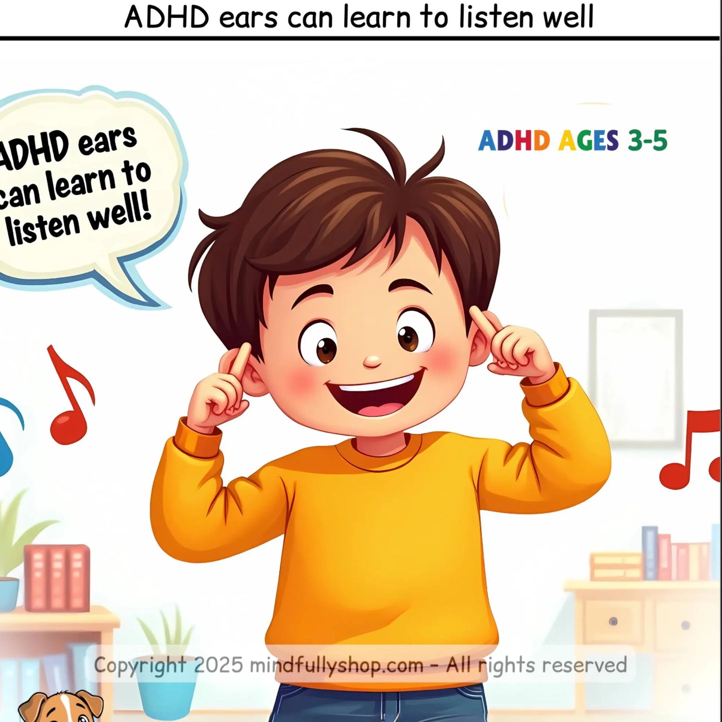 Smiling child on an ADHD card points to ears, encouraging active listening and attention through playful visual cues.
