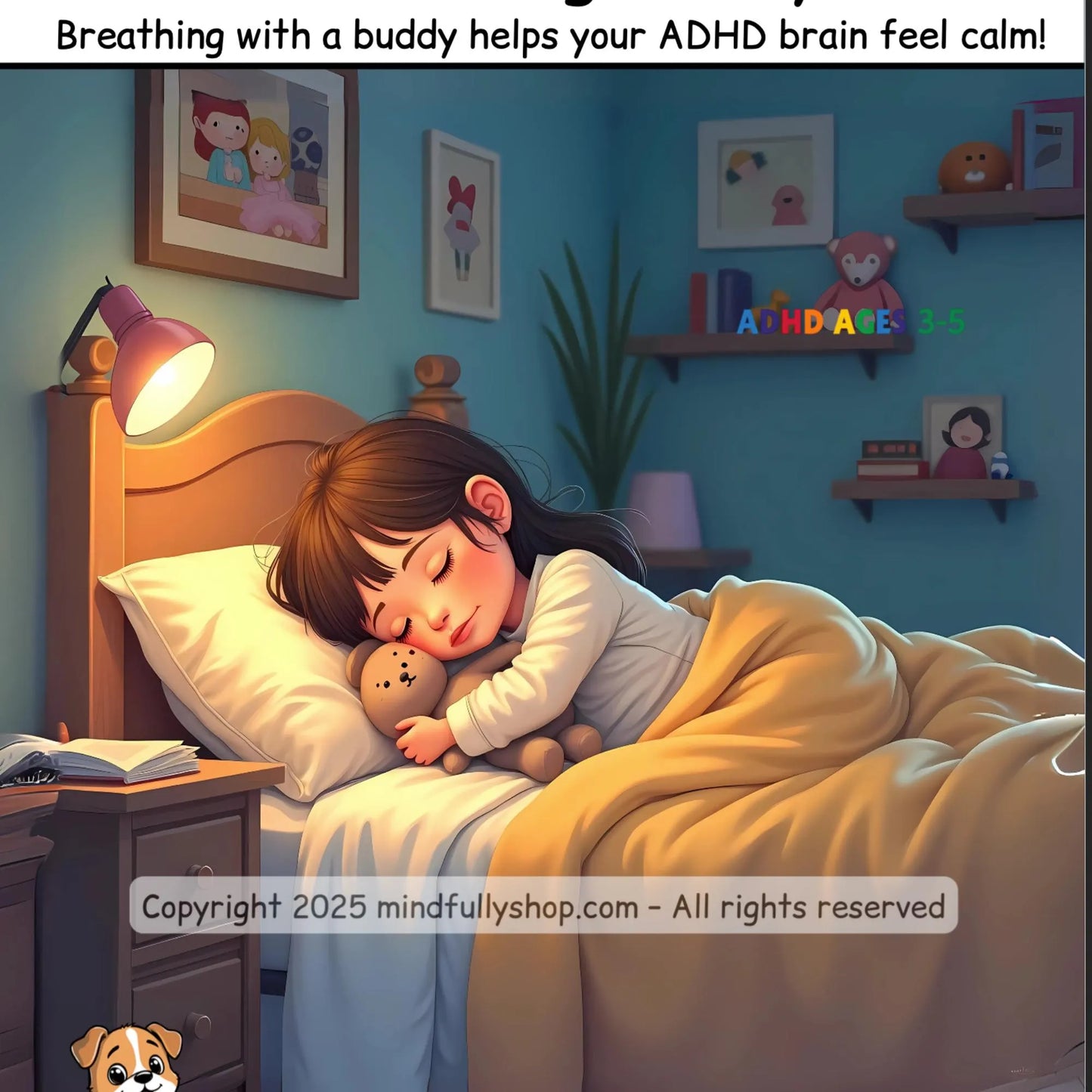 Child sleeping with a stuffed animal on an ADHD calm-down card, showing breathing support for rest and regulation