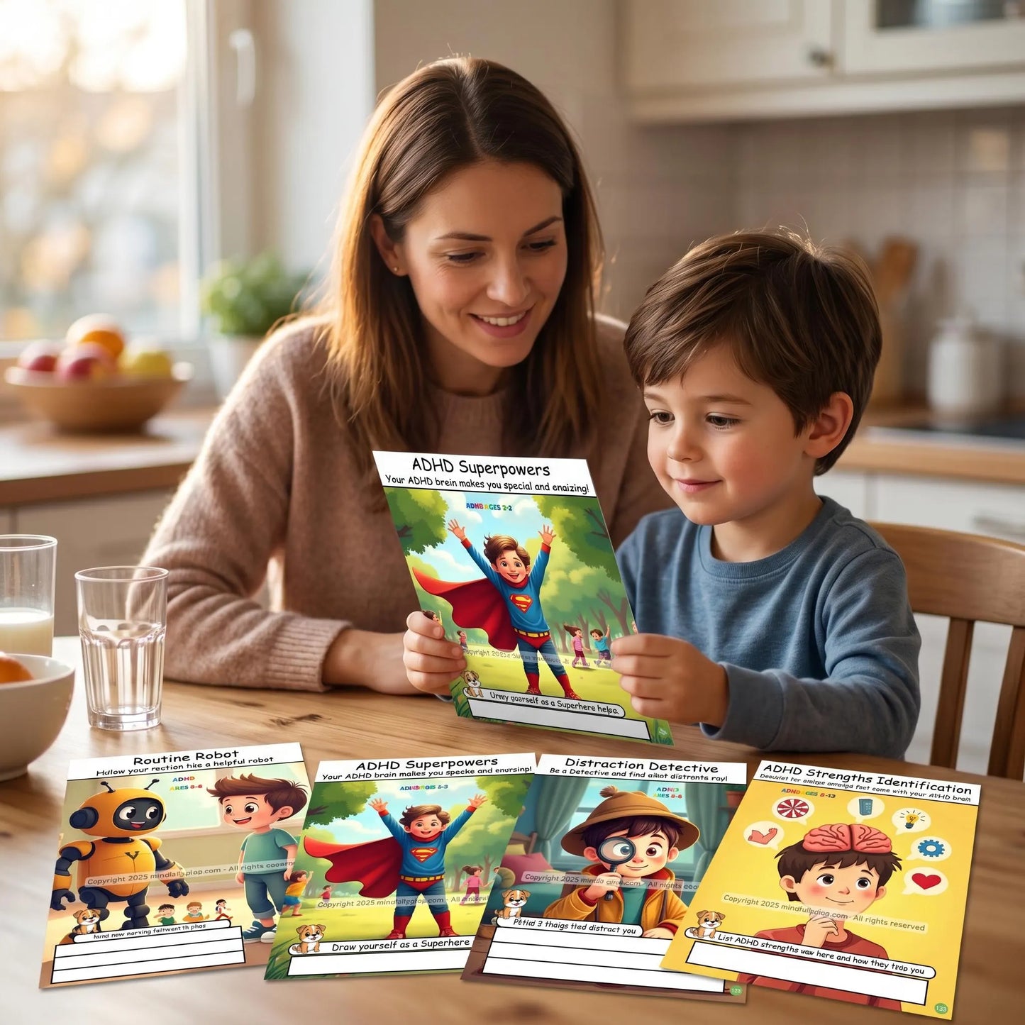 Parent and child review ADHD coping cards at a table, showing colorful printable tools for focus and emotions