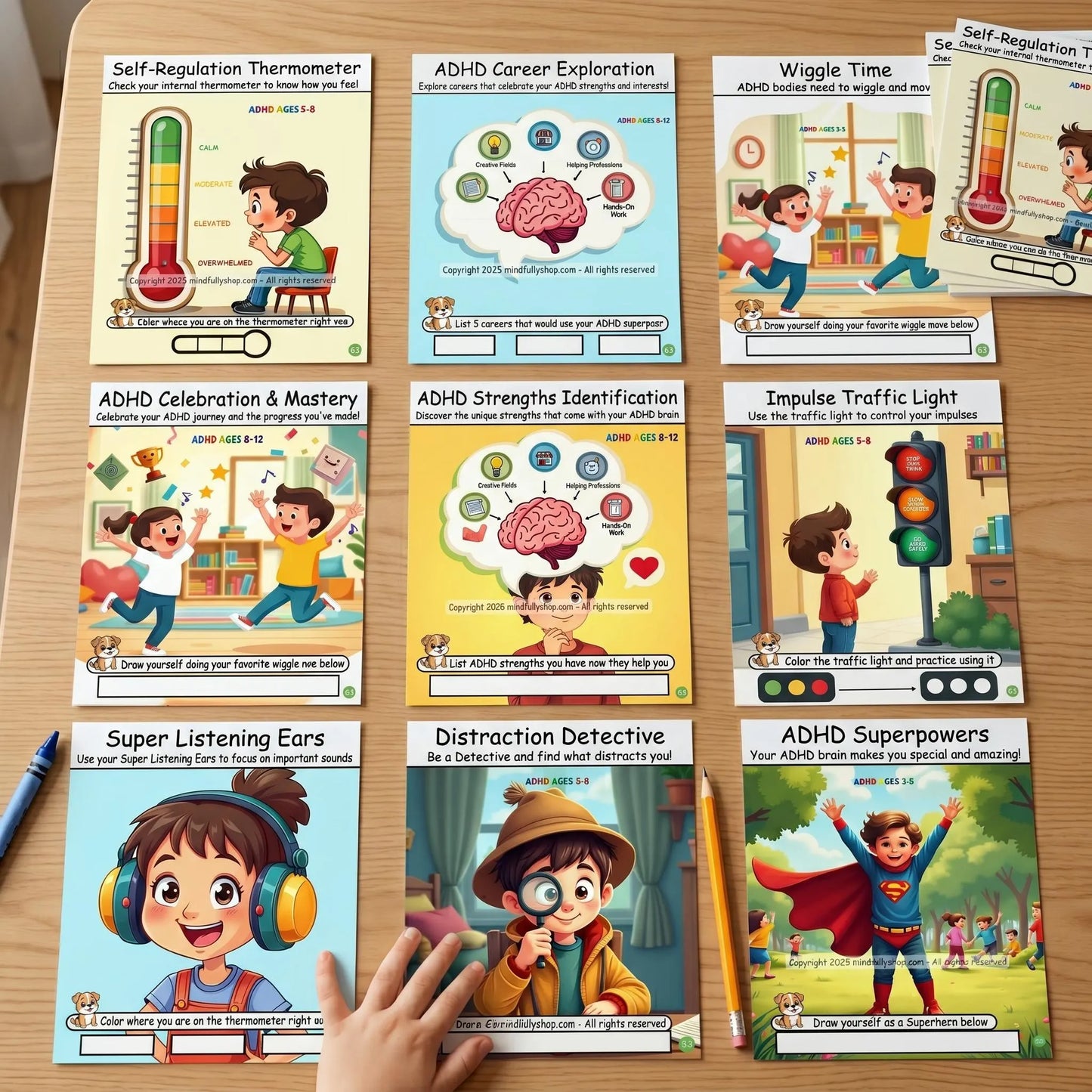Printable ADHD cards displayed in a grid, featuring illustrated coping, focus, and behavior support prompts for kids