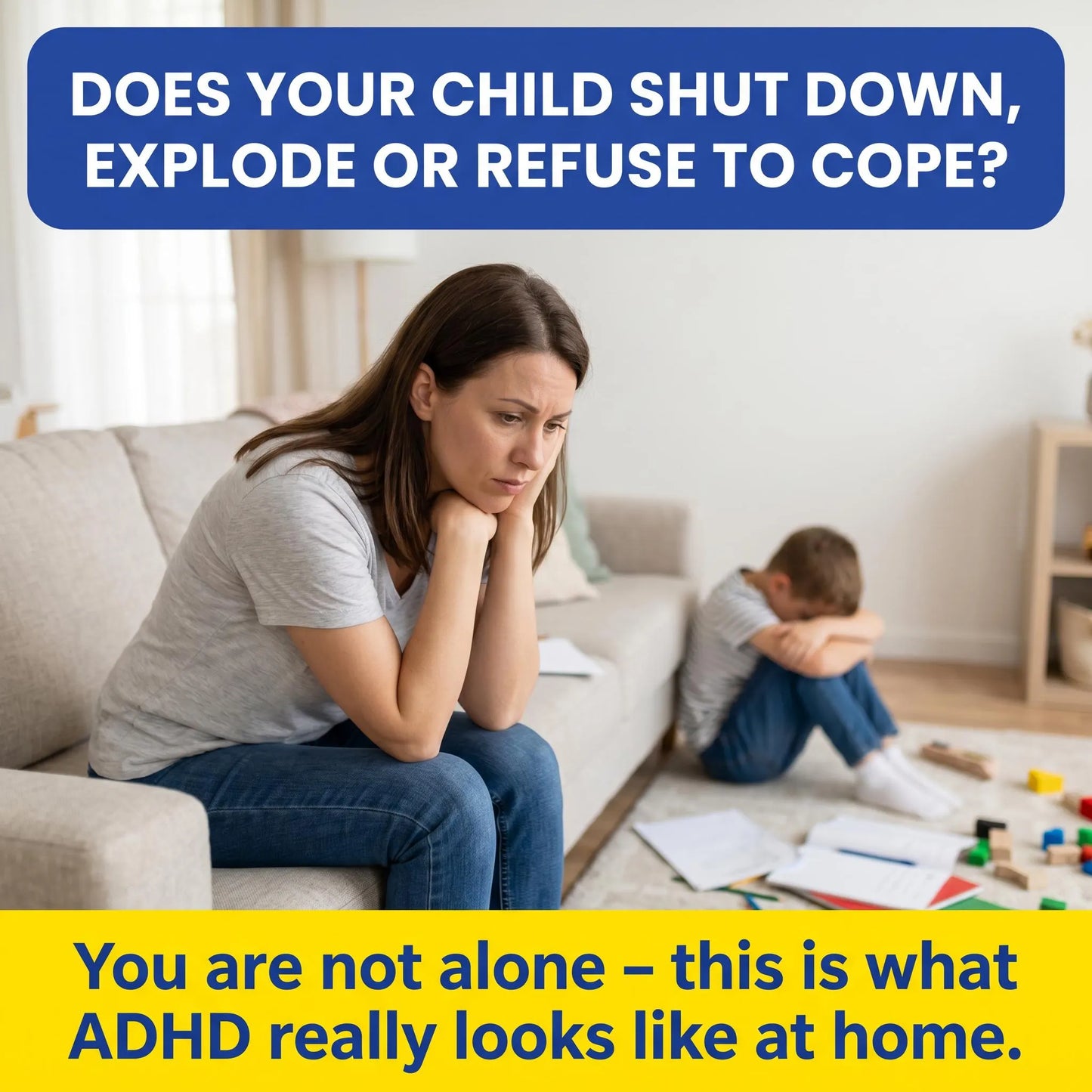 Parent sits beside upset child on the floor, highlighting ADHD tools for shutdown, refusal, and emotional overwhelm