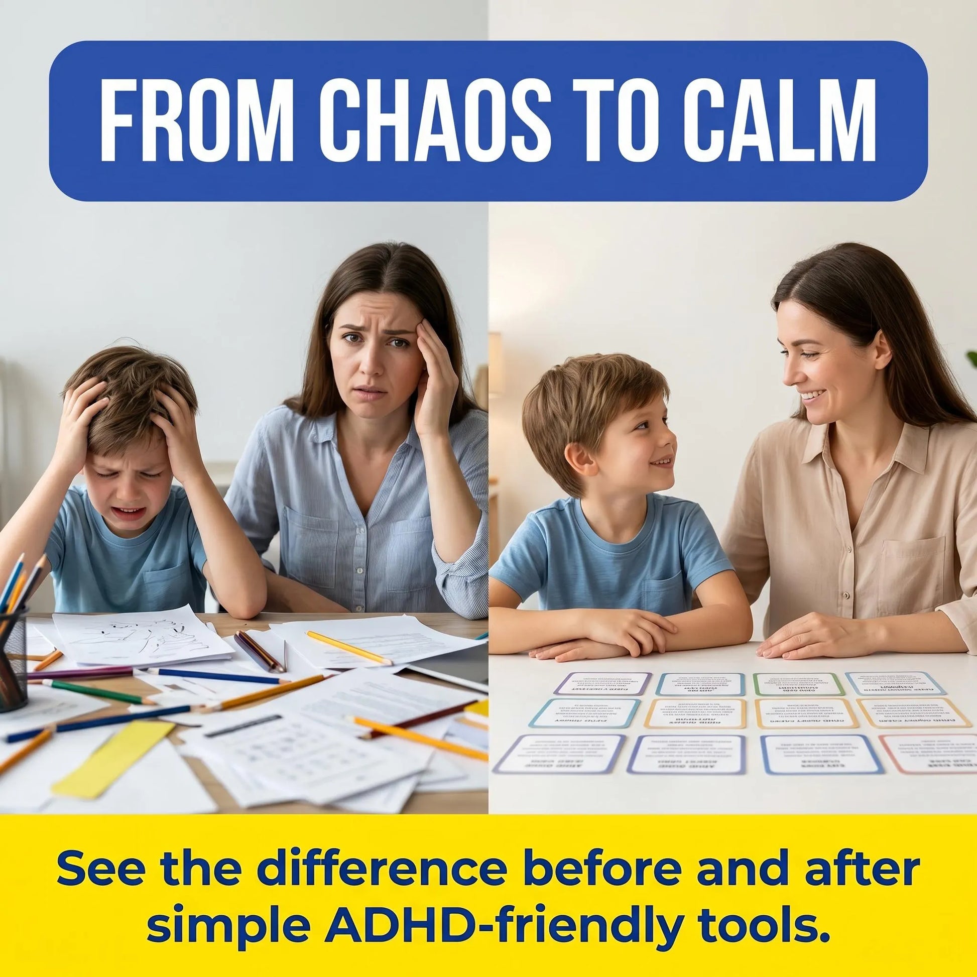 Parent and children use ADHD printables at a table, showing a simple shift from overwhelm to calm and focus