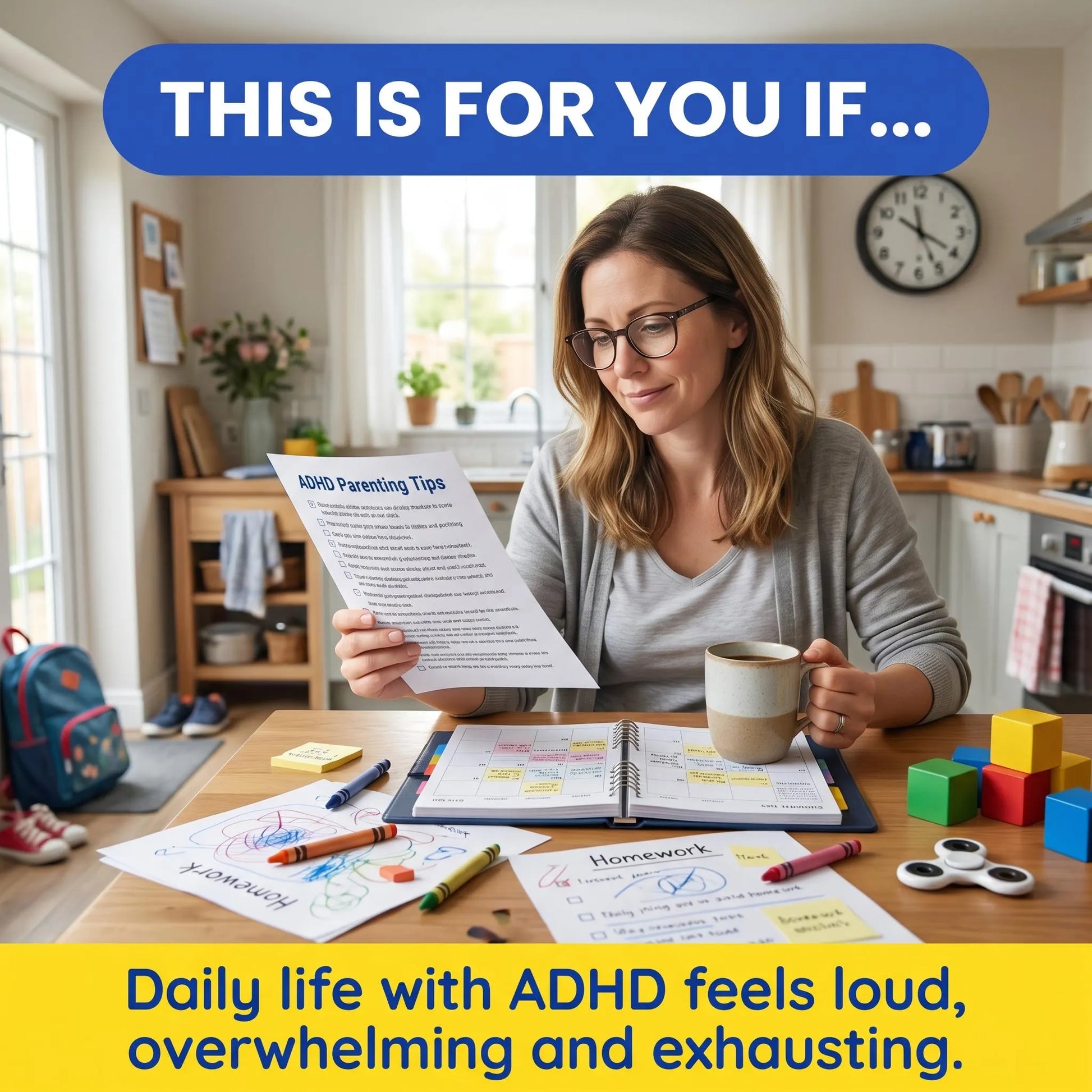 Parent using ADHD support cards at home, with text summarizing loud, overwhelming, and exhausting daily struggles