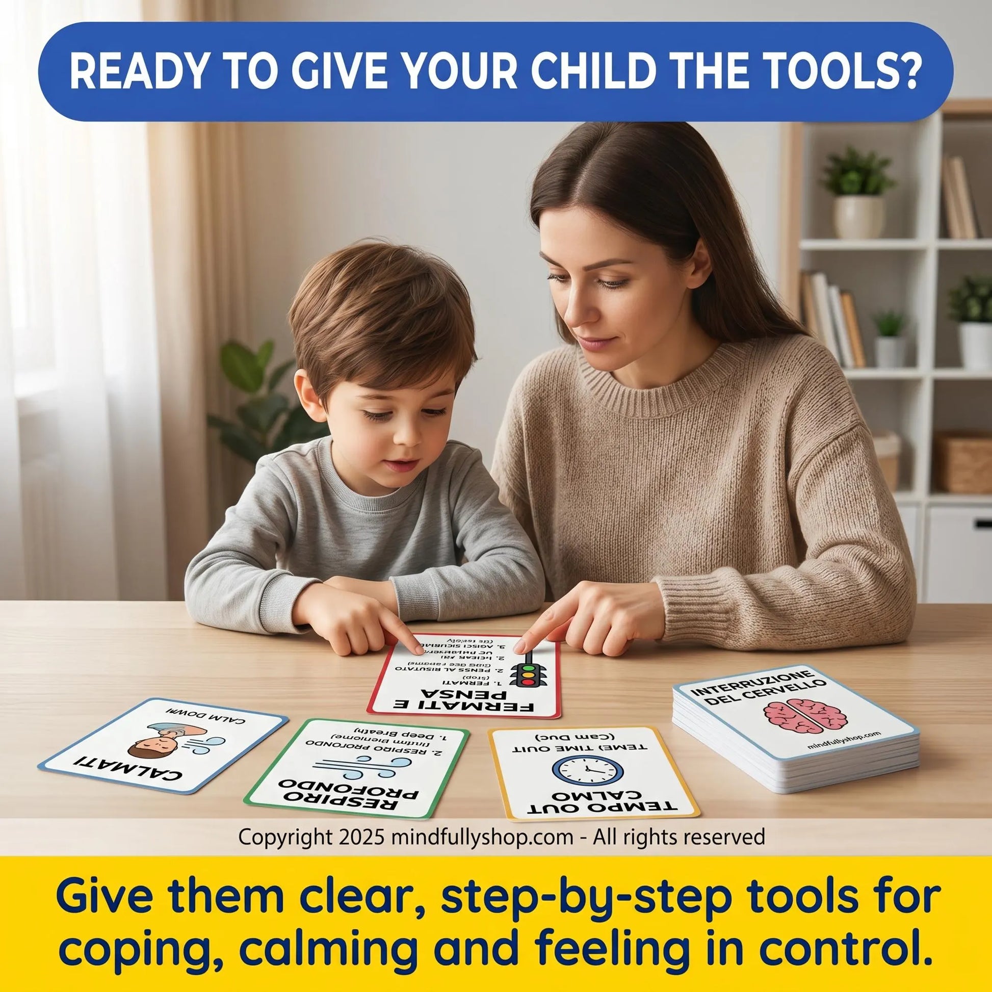 Parent and child use ADHD coping cards together, building calm, emotional control, and practical daily support