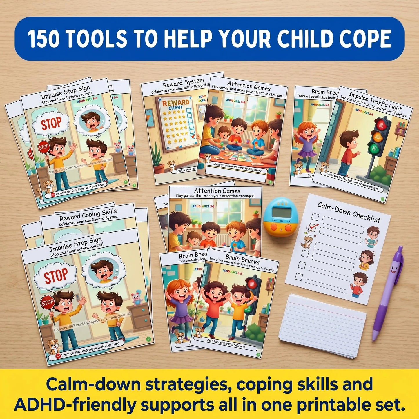 ADHD printable card set spread across a table, showing coping skills, calm-down prompts, and child-friendly support tools