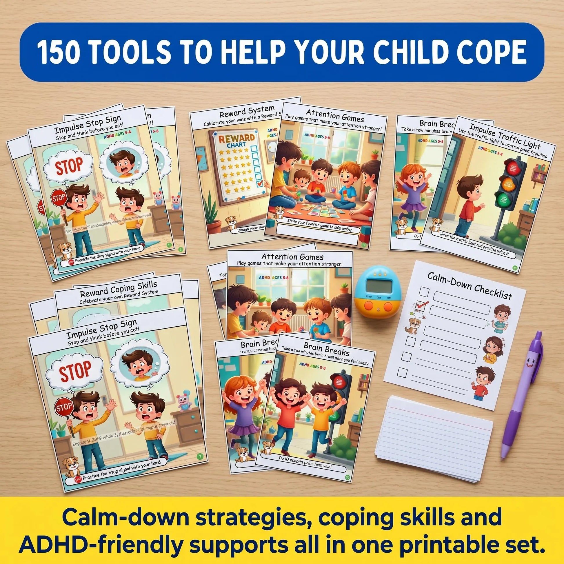 ADHD printable card set spread across a table, showing coping skills, calm-down prompts, and child-friendly support tools