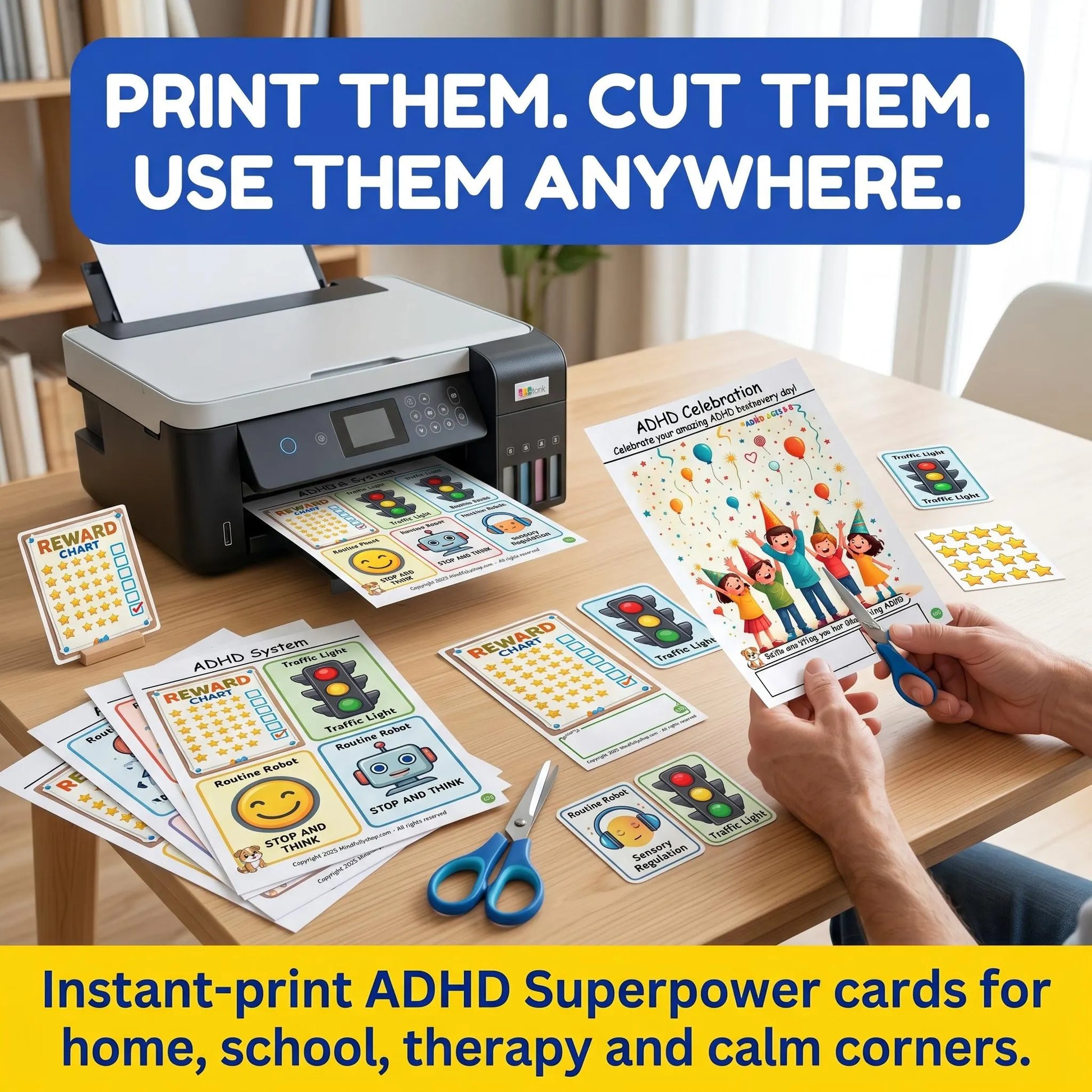 Hands arrange printed ADHD coping cards near scissors and a printer, showing easy prep for home or classroom use