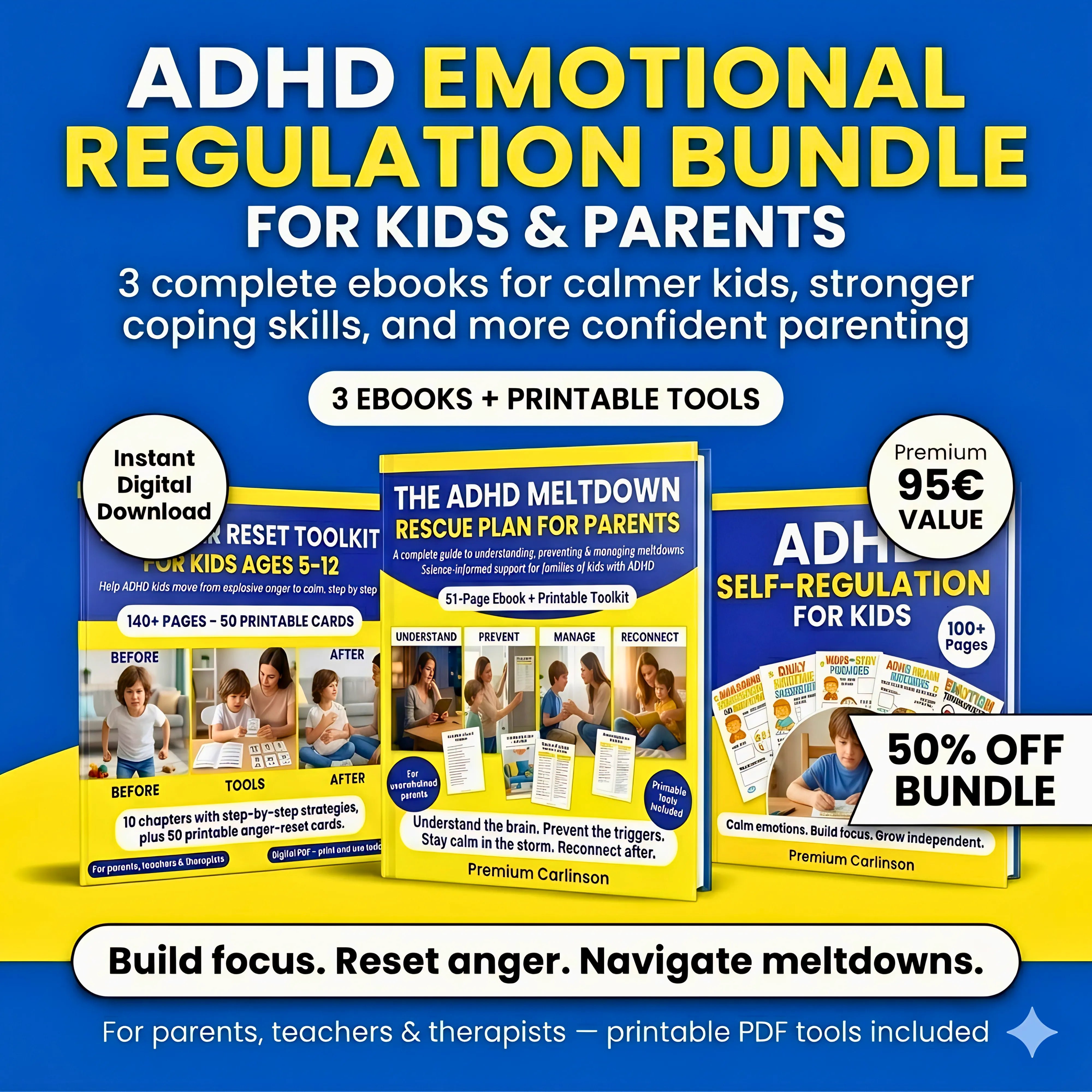 ADHD emotional regulation bundle cover with three printable parenting ebooks, worksheet previews, premium value badge, and 50% off