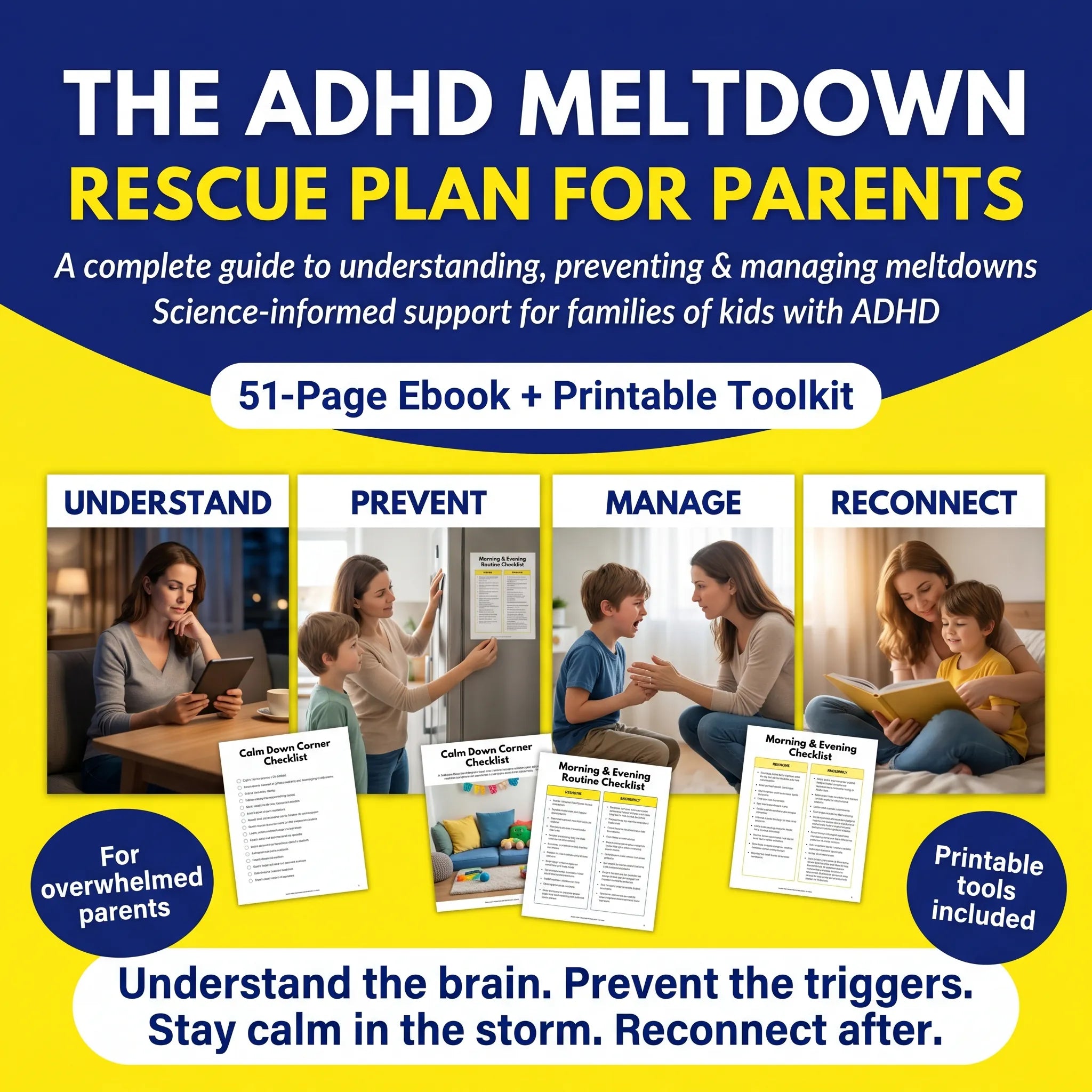The ADHD Meltdown Rescue Plan guide showing four chapters (Understand, Prevent, Manage, Reconnect) with parent-child scenarios and printable tools. Complete 51-page ebook for families.