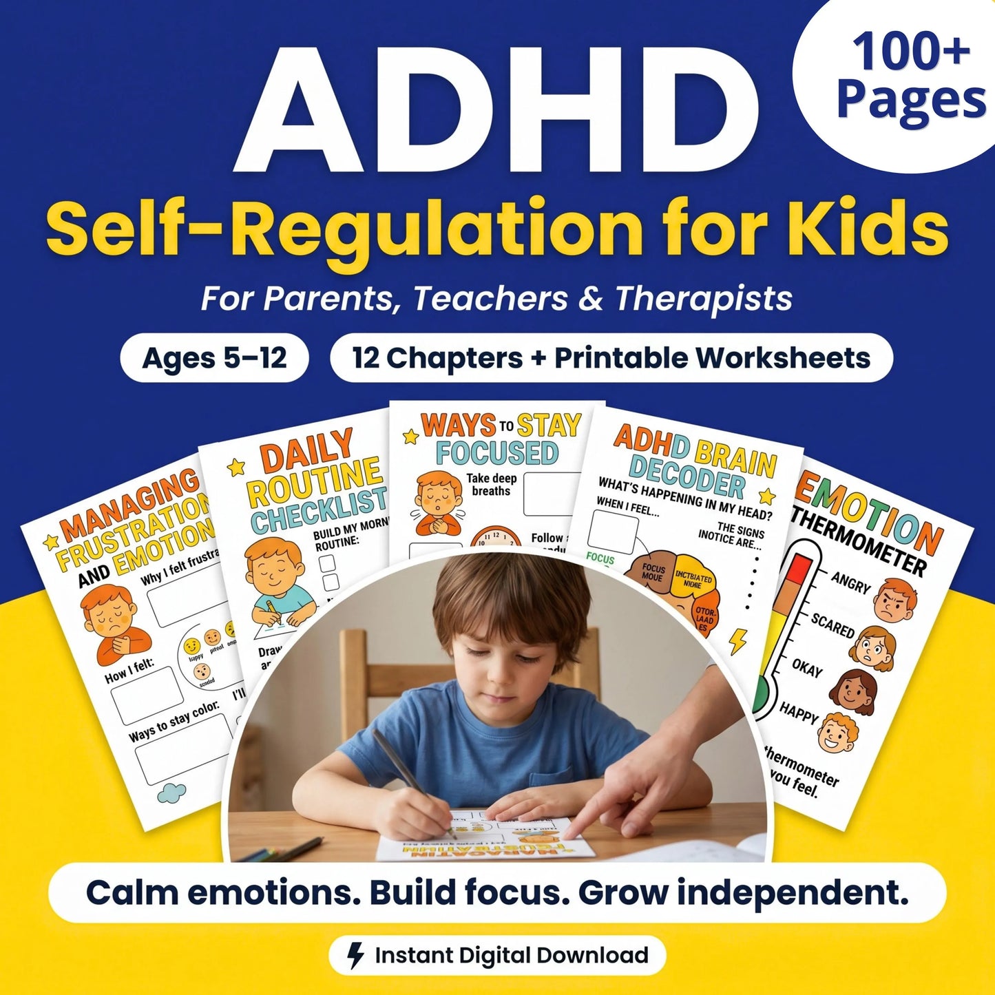 ADHD self-regulation workbook cover for kids with printable worksheets, 100+ pages, and a child using learning tools