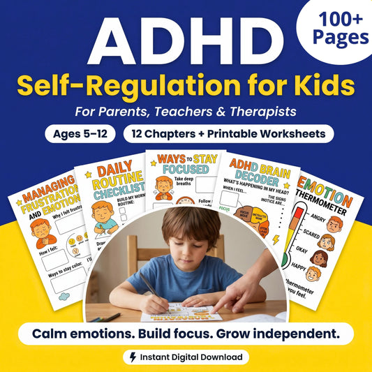 ADHD self-regulation workbook cover for kids with printable worksheets, 100+ pages, and a child using learning tools