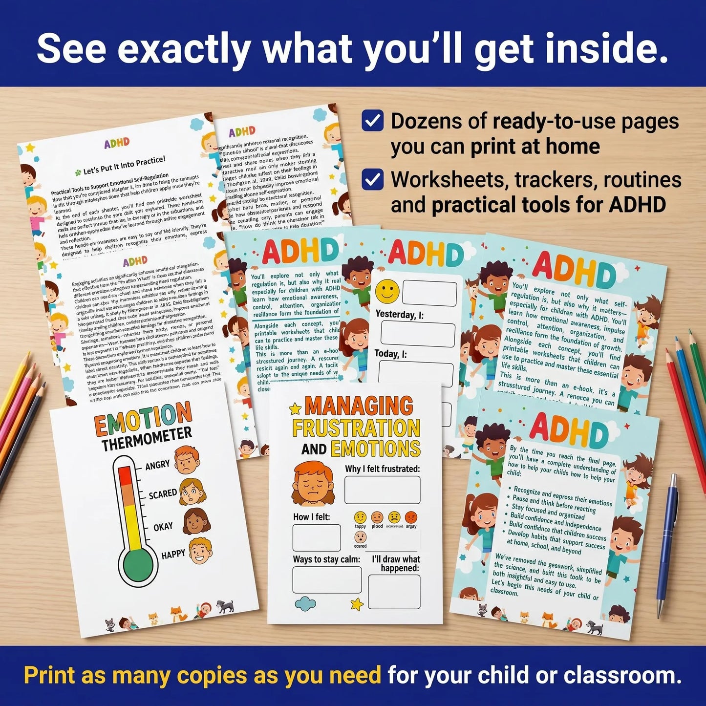 Printed ADHD worksheets spread across a desk, previewing emotional regulation tools, routines, and activity pages.