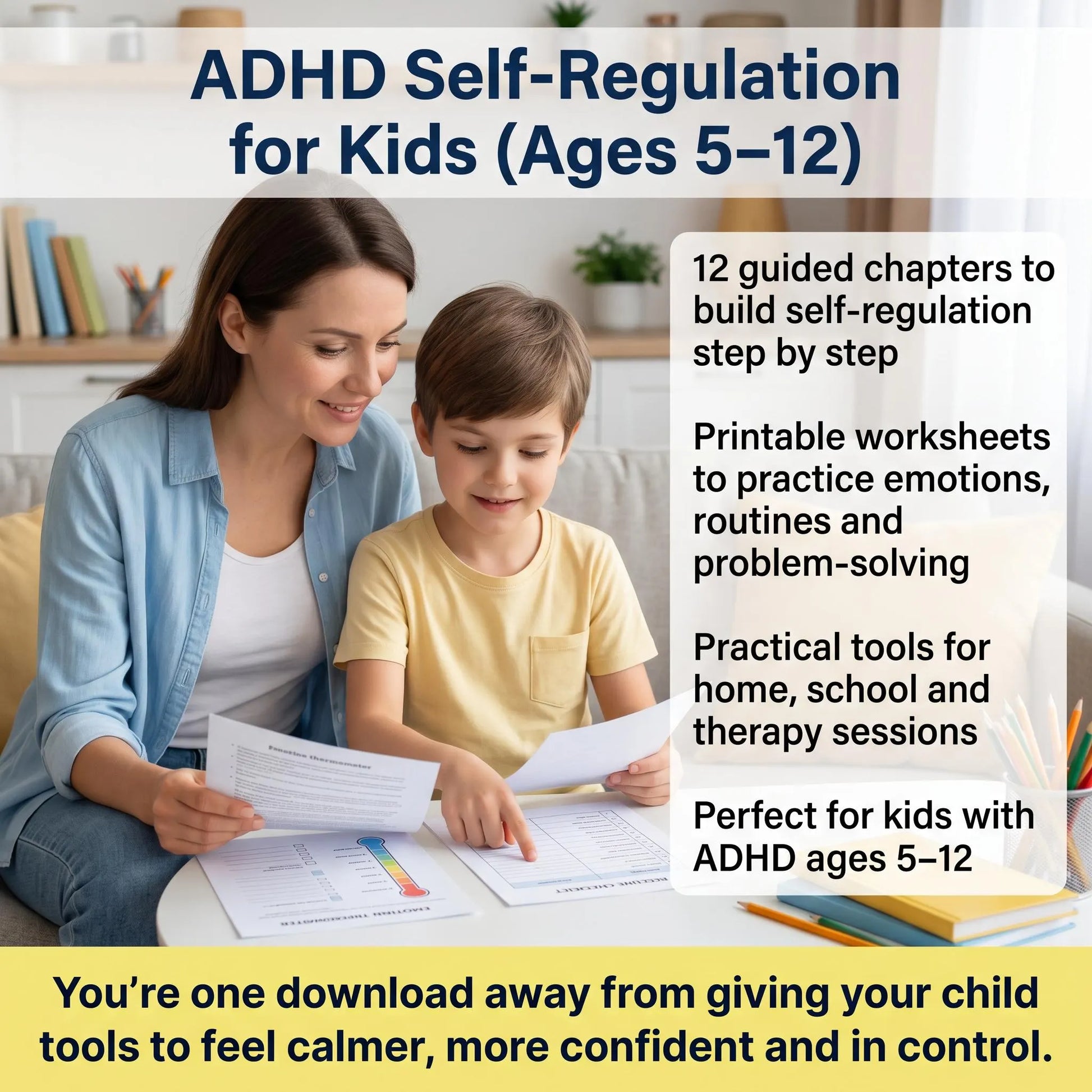 Parent and child look at ADHD self-regulation workbook, highlighting printable tools for calm, focus, and control.