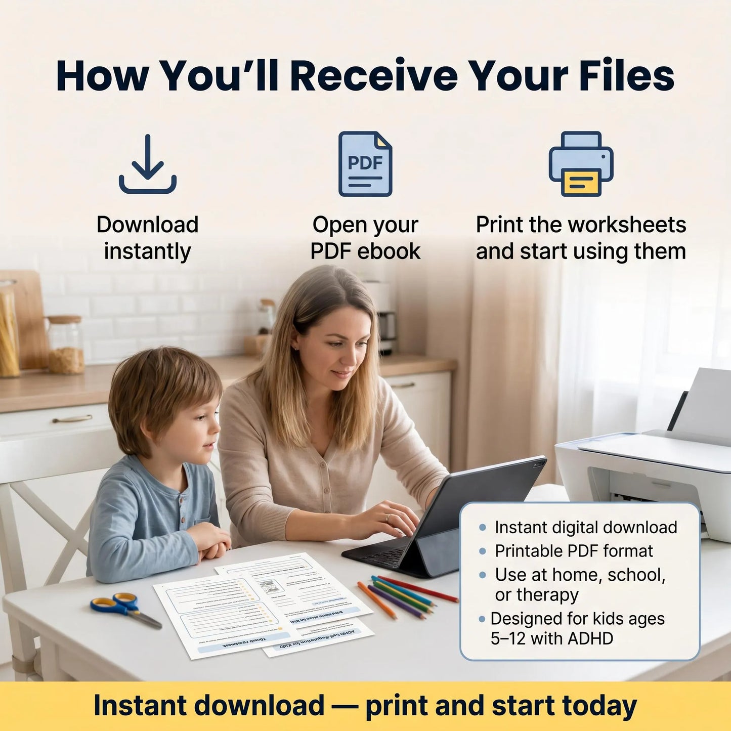 Parent and child beside laptop with ADHD printable files, showing instant digital download and easy home printing