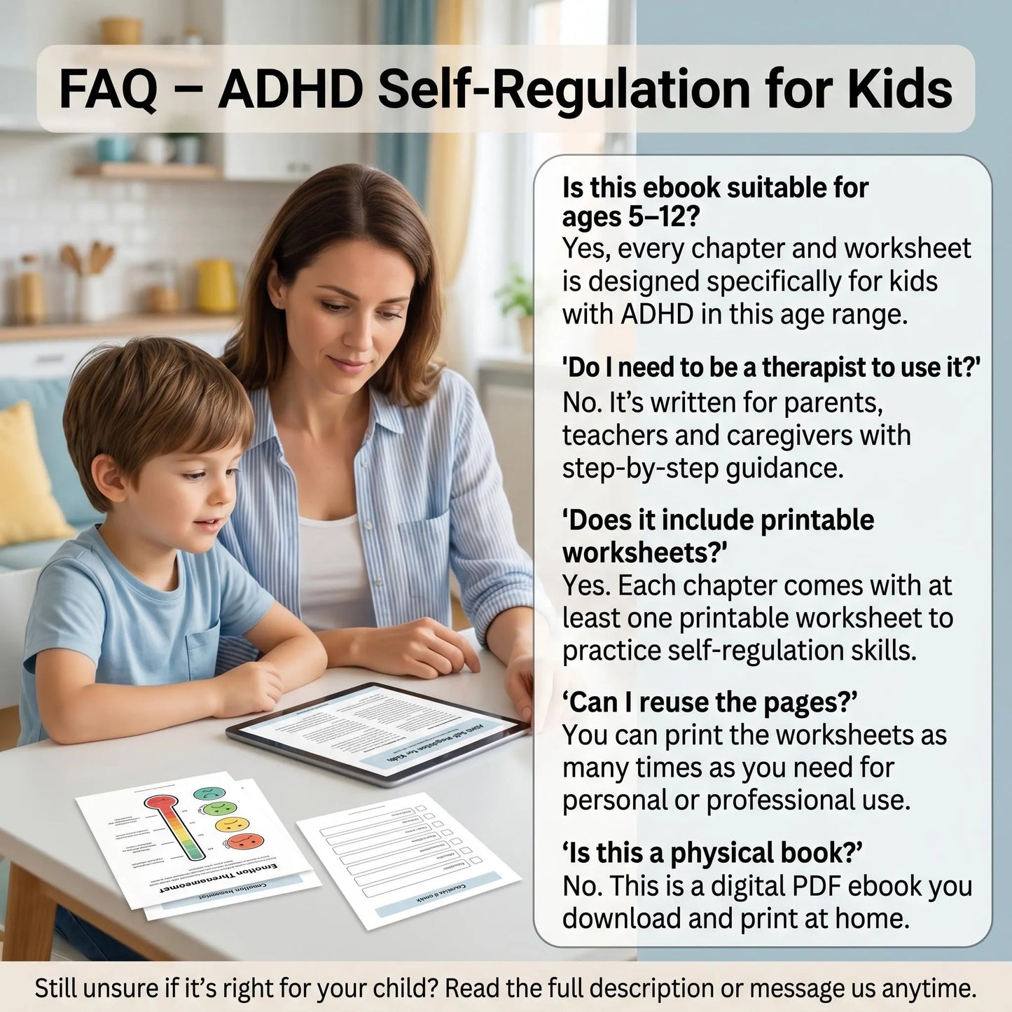 Child using ADHD self-regulation worksheet at desk, paired with FAQ text about workbook use and printable access