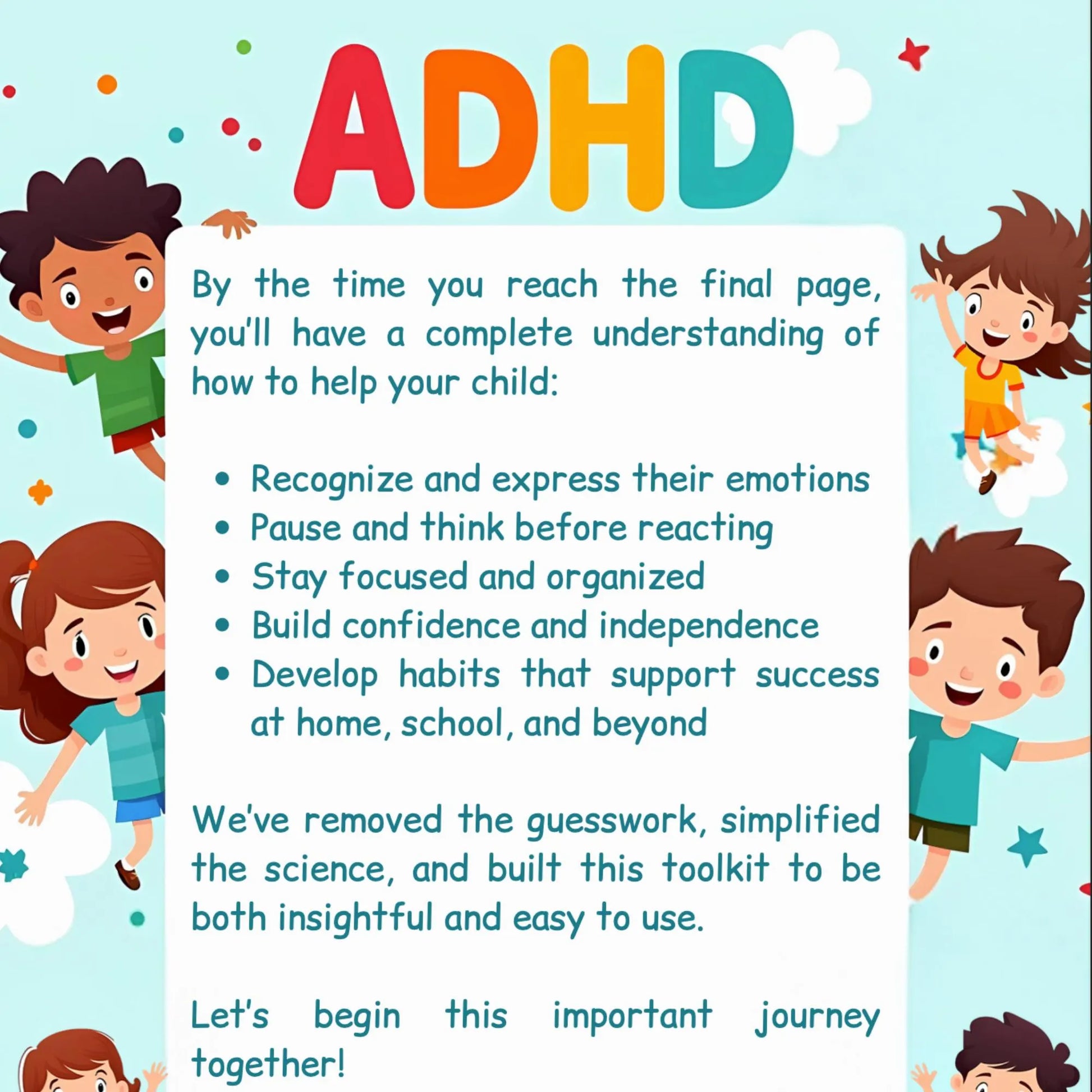 Colorful ADHD educational page with child-friendly text explaining emotions, focus, and self-regulation support