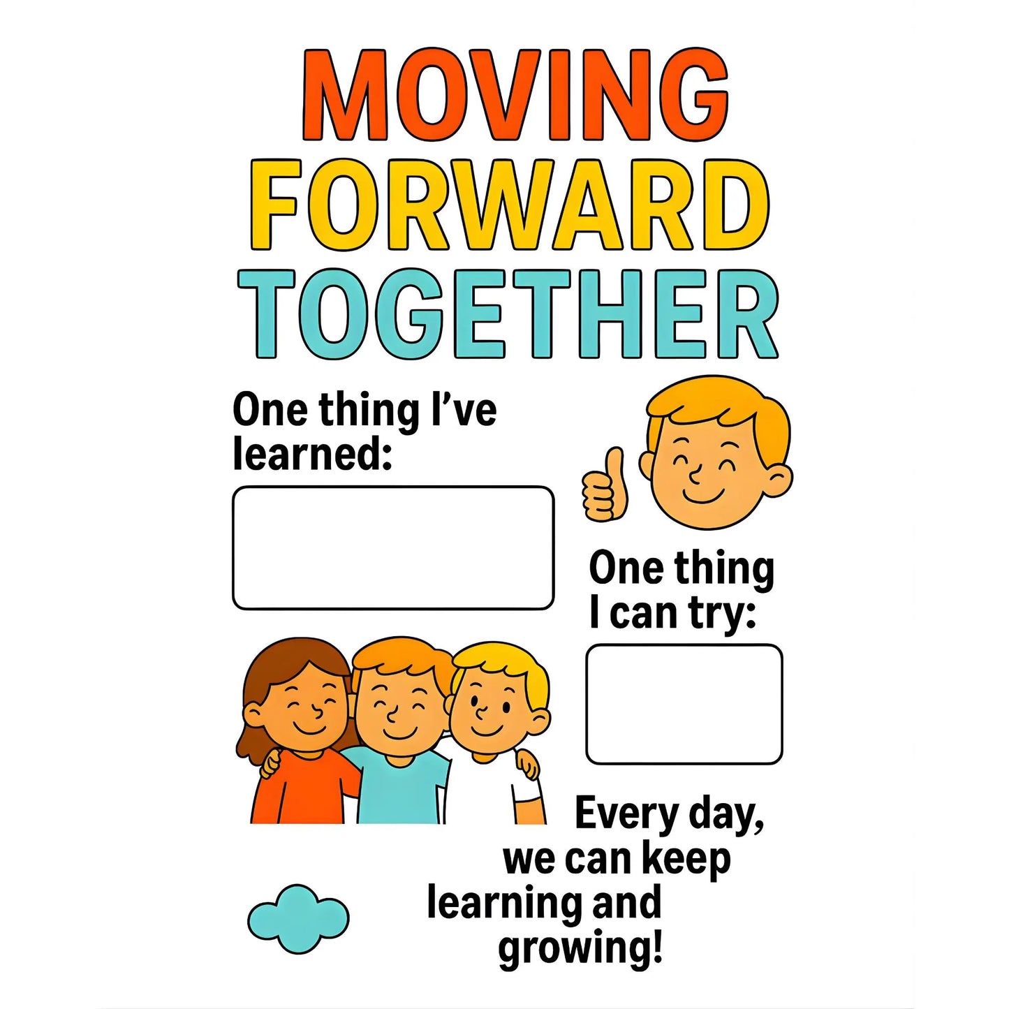 Motivational ADHD printable page with children and simple prompts focused on growth, learning, and daily progress
