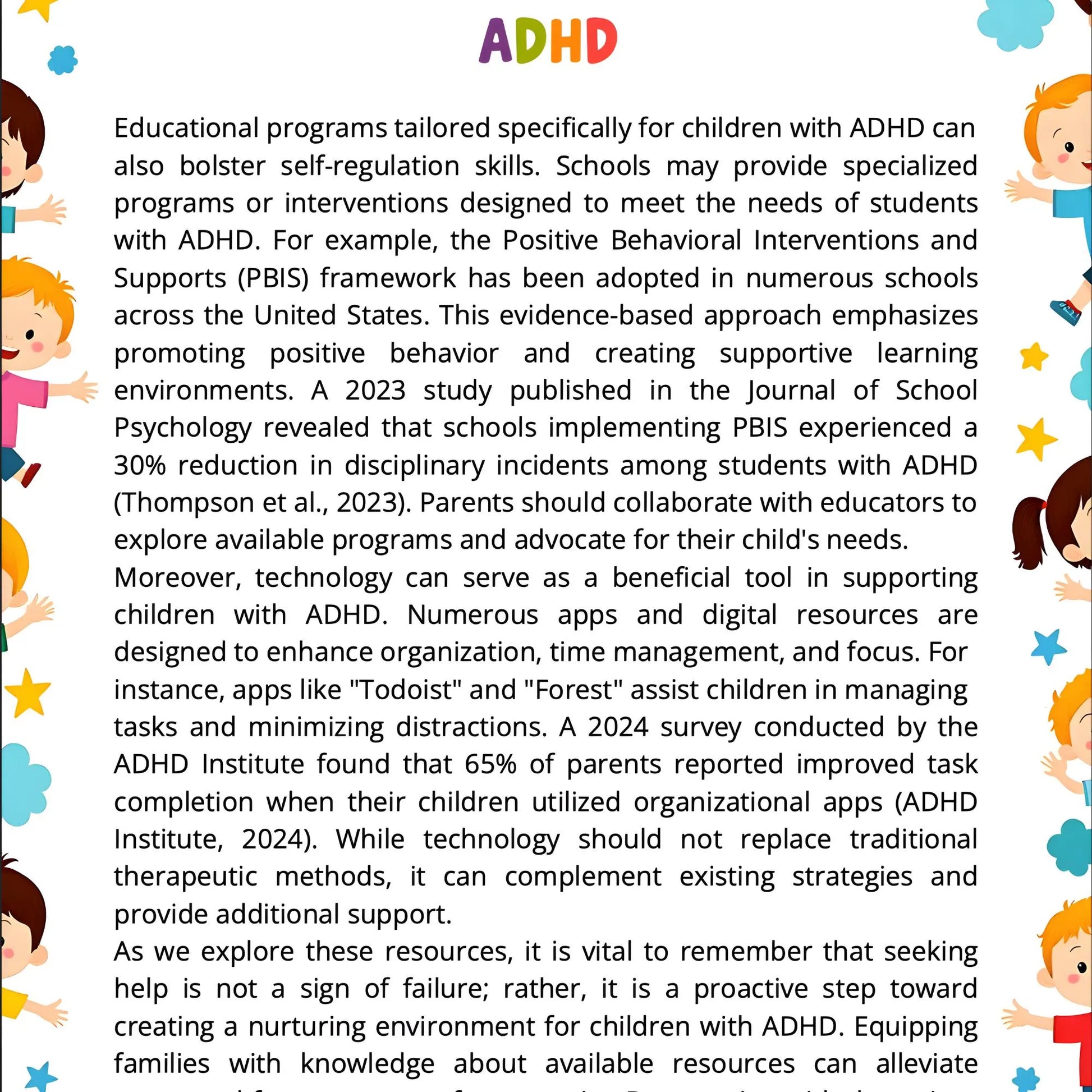 Educational ADHD handout with child-friendly text describing emotional patterns, behavior, and support needs