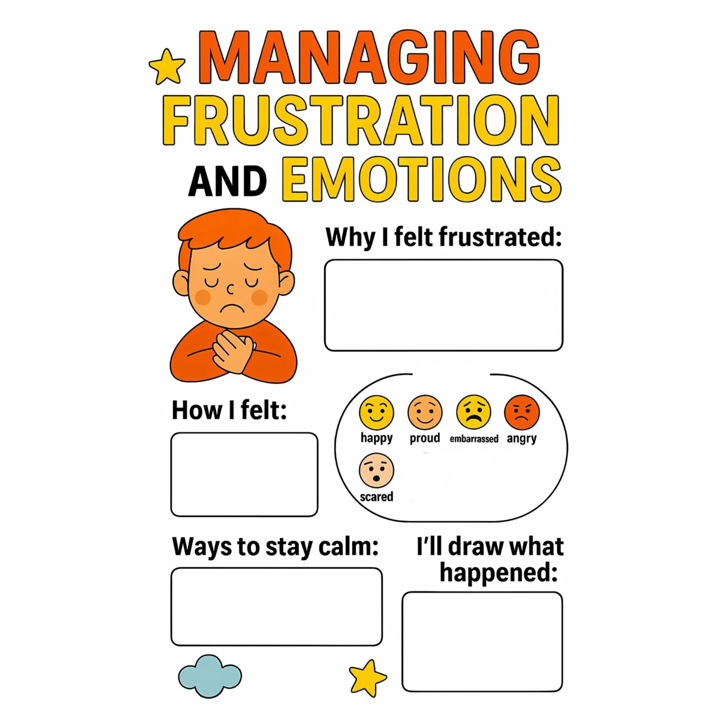 Printable ADHD worksheet helps kids identify feelings, reflect on frustration, and choose calming responses