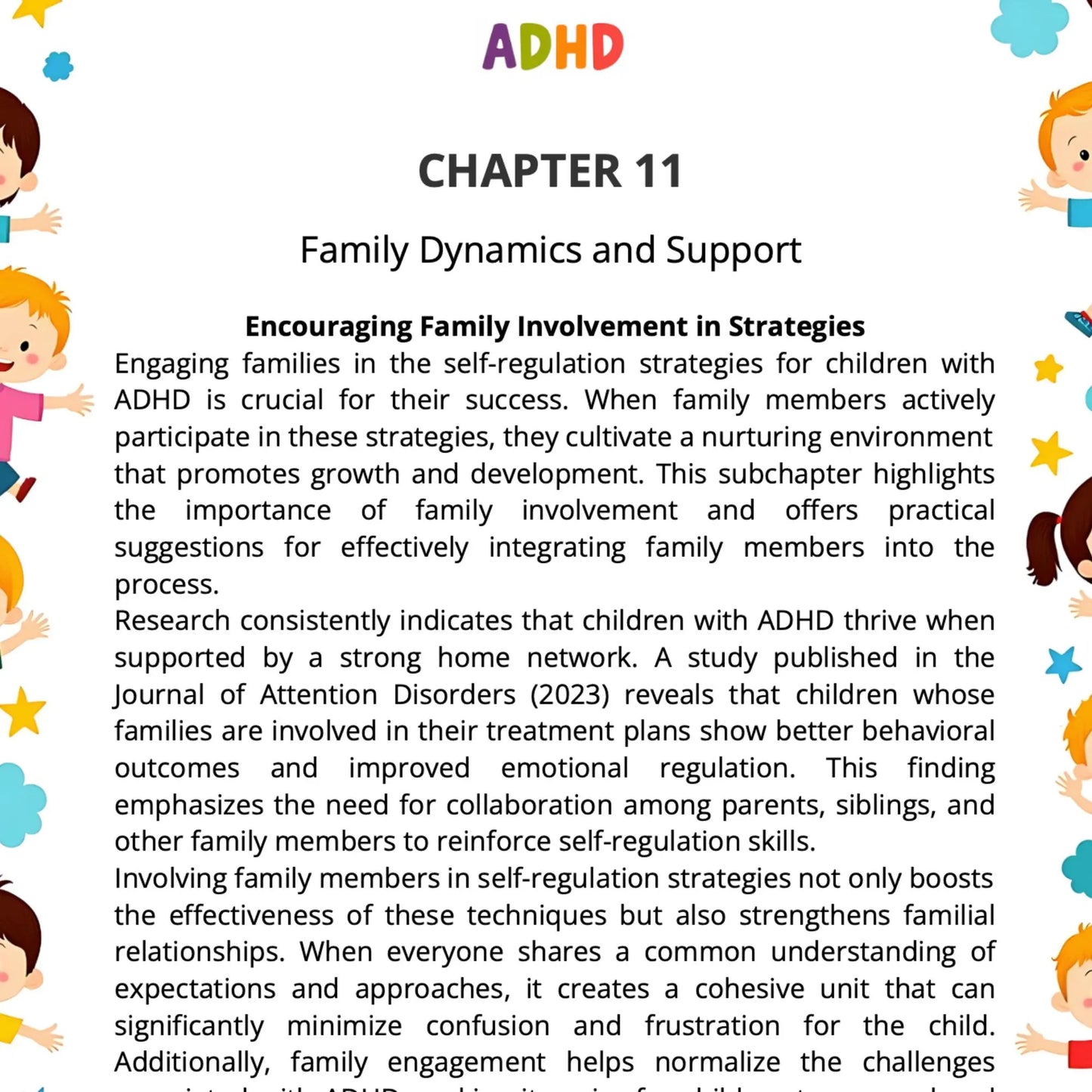 ADHD workbook chapter page with family dynamics guidance and support strategies for parents and caregivers.