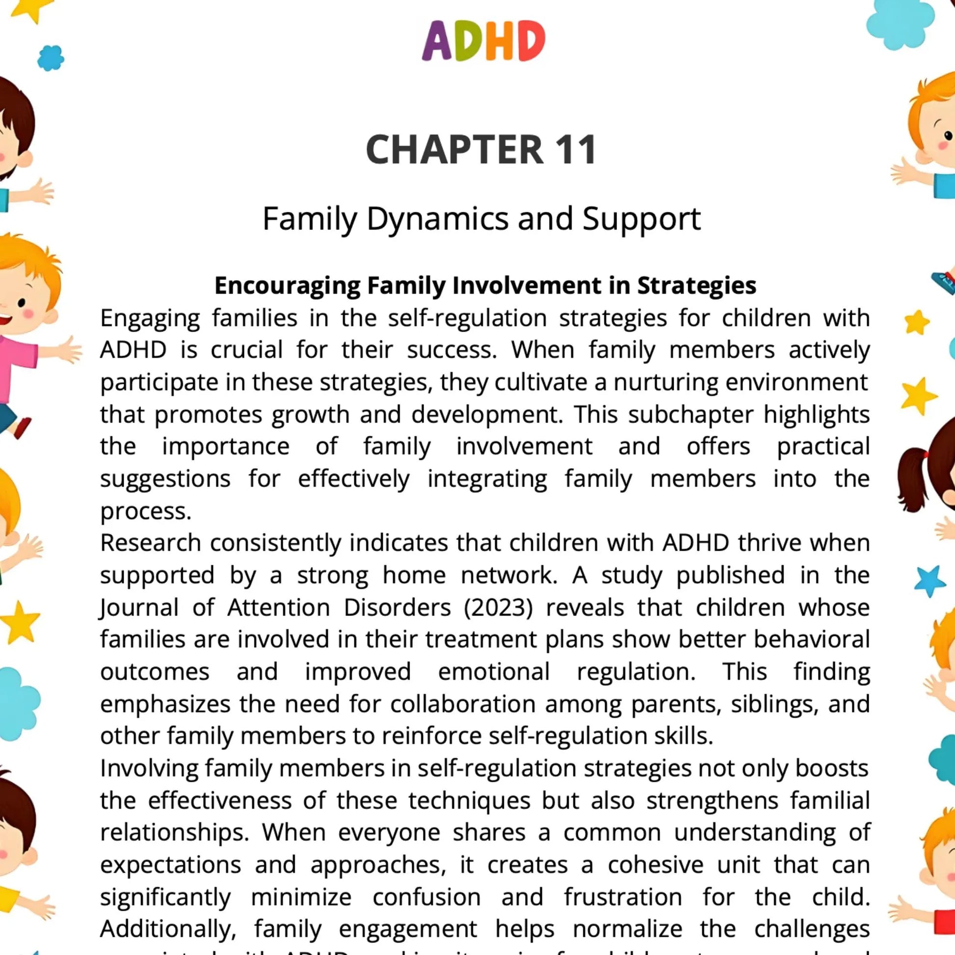 ADHD workbook chapter page with family dynamics guidance and support strategies for parents and caregivers.