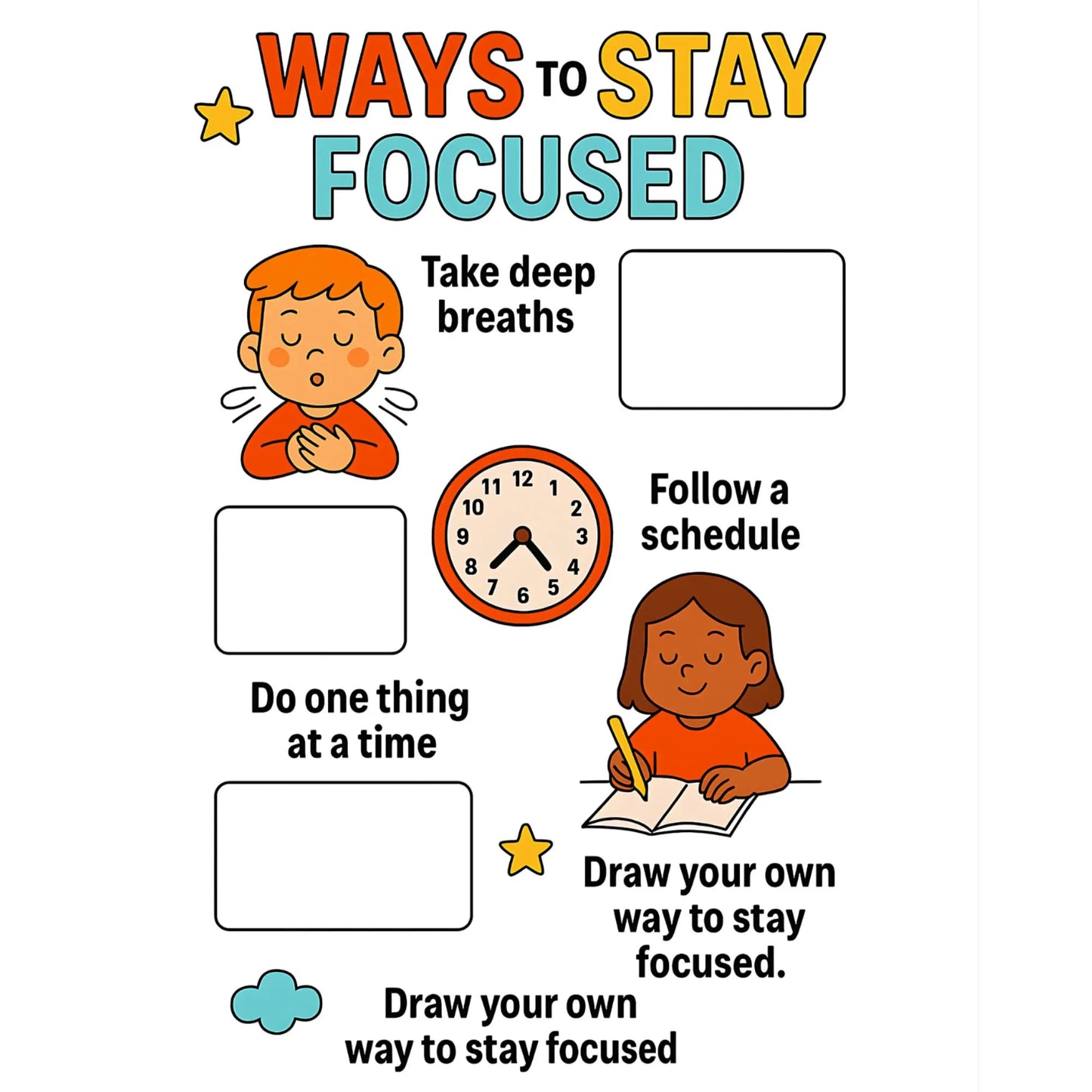 ADHD focus worksheet with simple activities, visual prompts, and routines to help kids stay on task