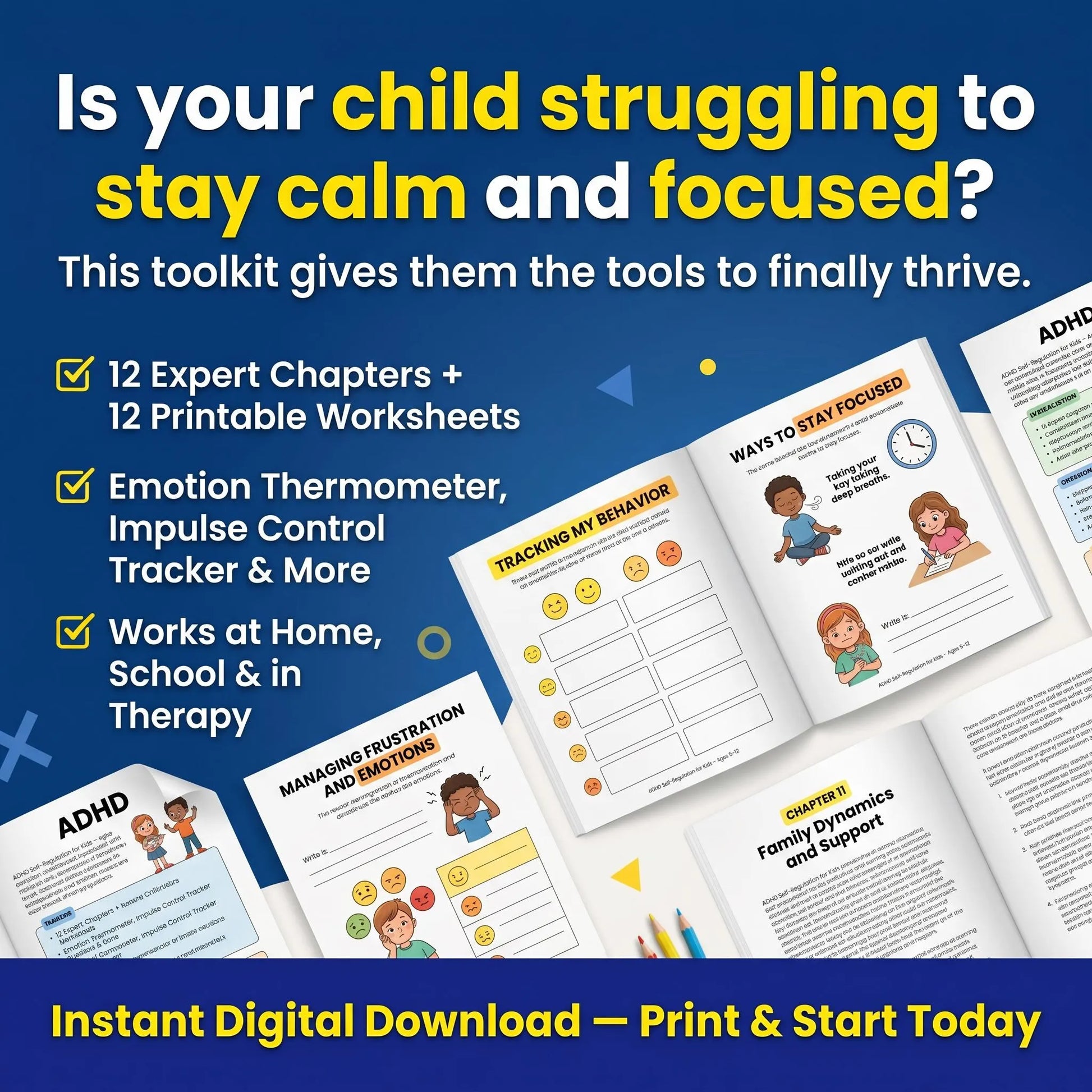 Printable ADHD workbook page highlights calm, focus, and emotional support tools with worksheet preview cards