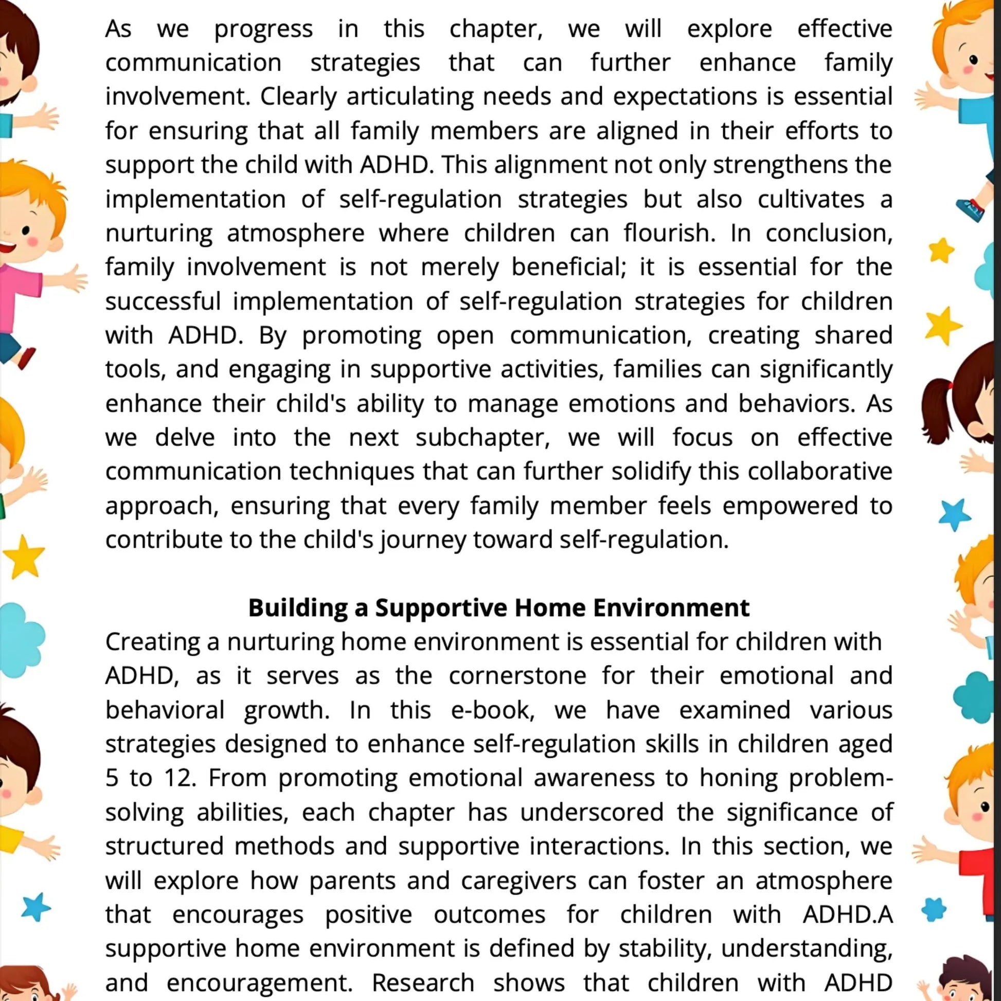 Text-heavy ADHD workbook page with educational content for parents about emotional regulation and child support