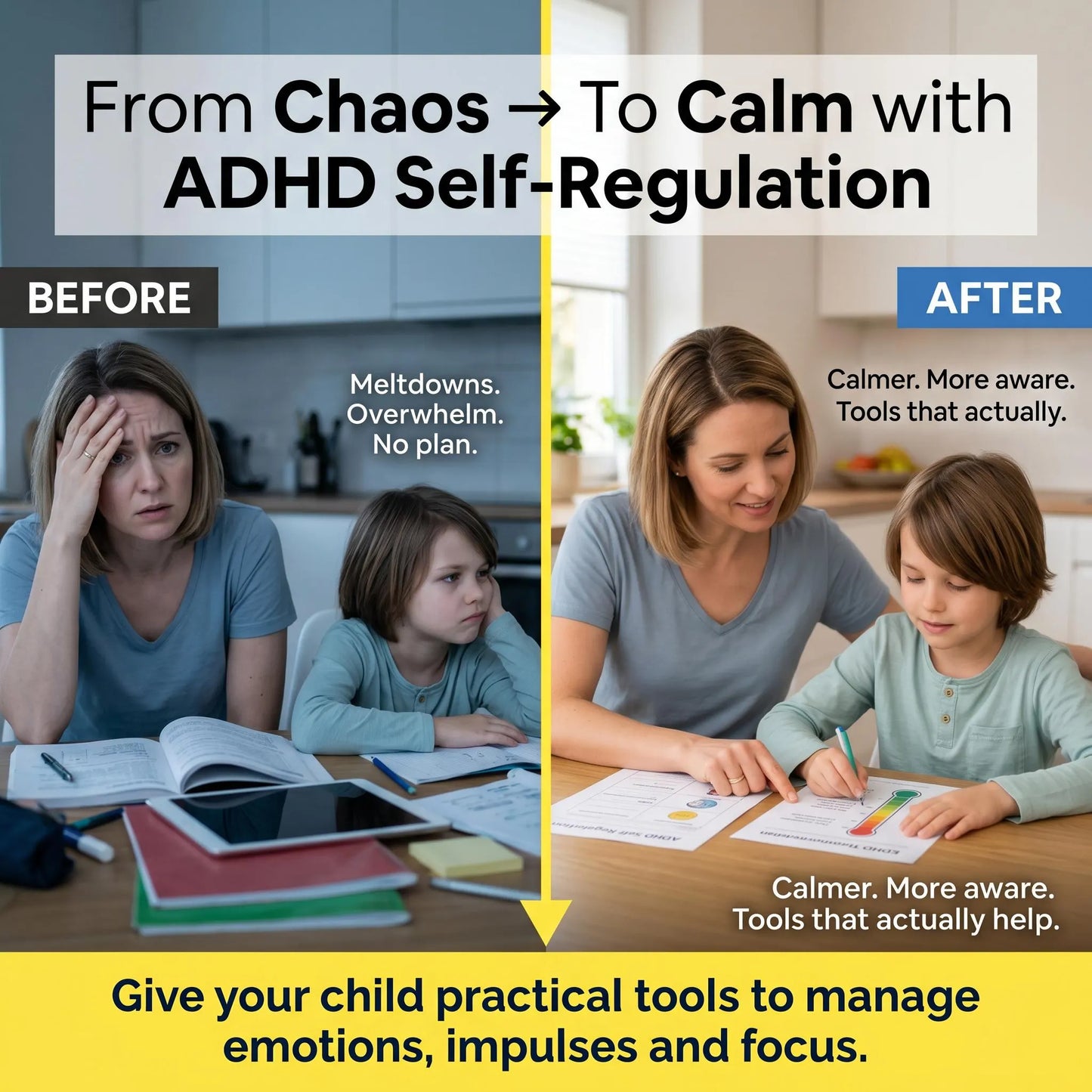 Parent and child use ADHD self-regulation worksheets at a table, showing progress from stress to calm focus.