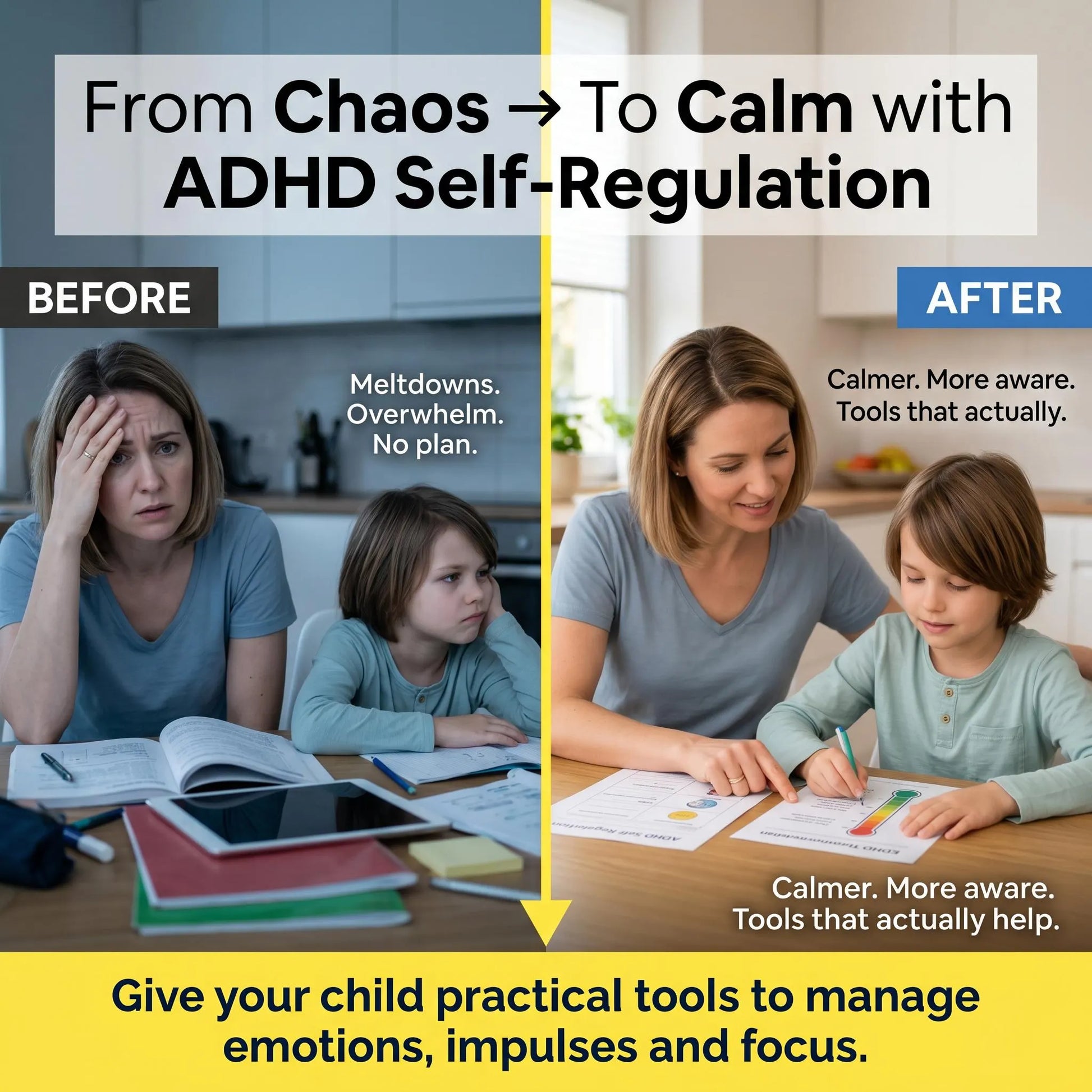 Parent and child use ADHD self-regulation worksheets at a table, showing progress from stress to calm focus.