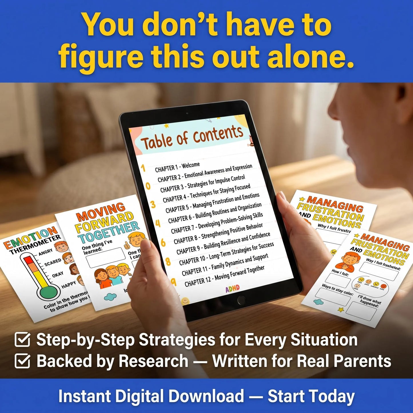 ADHD workbook and printable pages displayed beside a parent, emphasizing guided support and practical strategies.