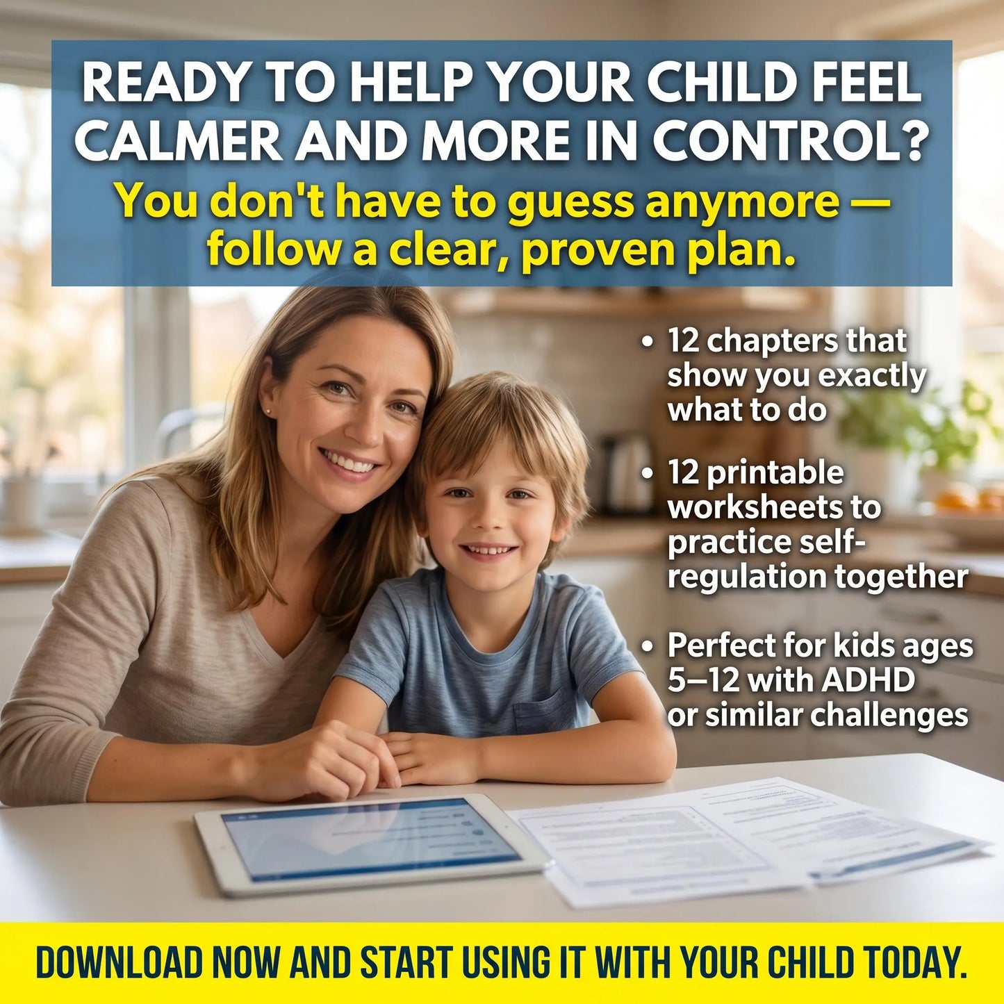 Parent and child sit together using ADHD printables designed to build calm, control, and confidence at home.