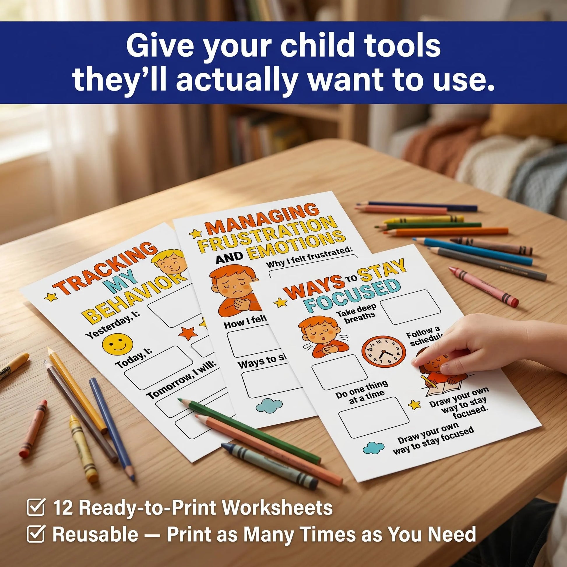 Hands arranging colorful ADHD worksheets on a desk, showing engaging self-regulation tools children can use