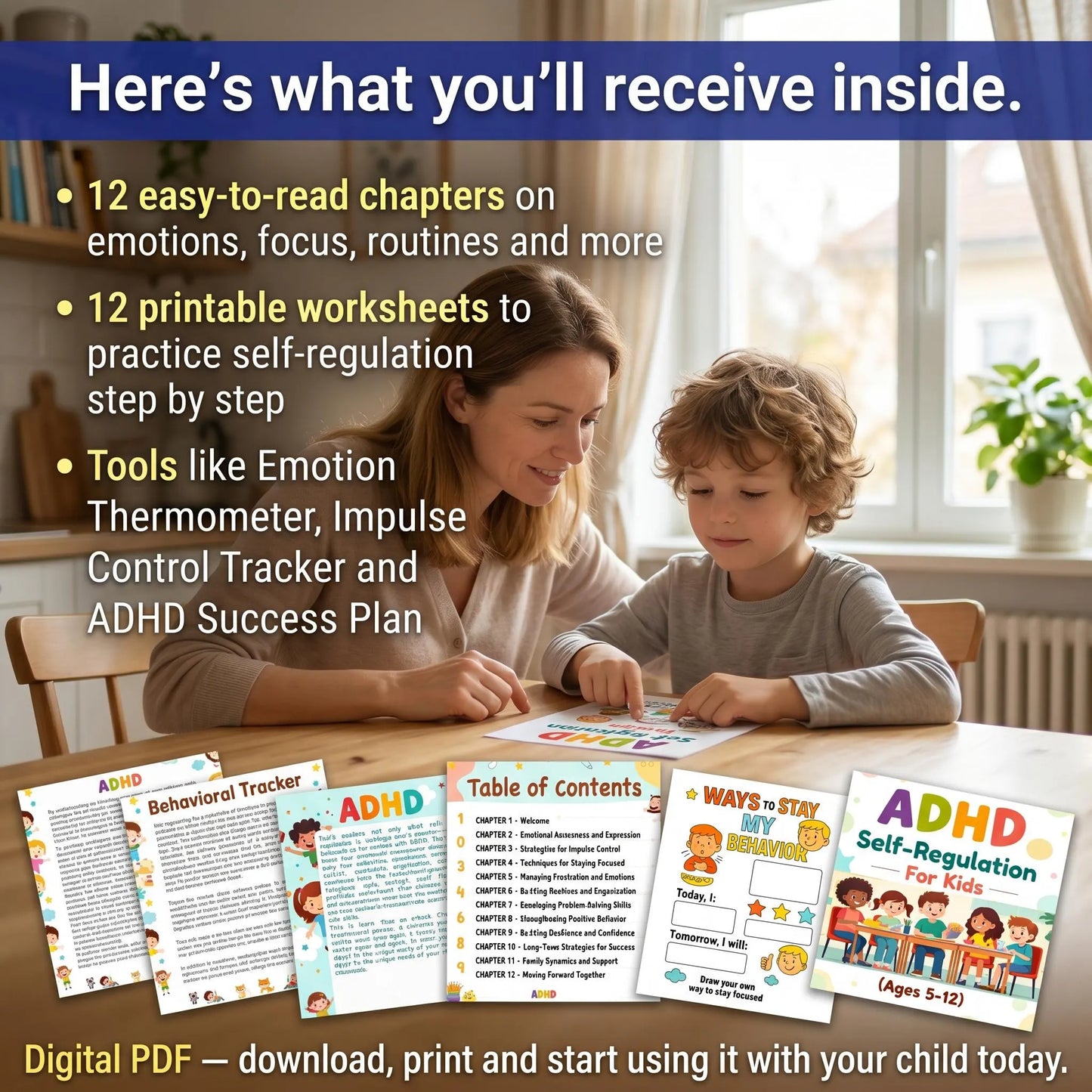 Parent and child with ADHD printable workbook set, featuring emotional tools, routines, and focus-building pages.