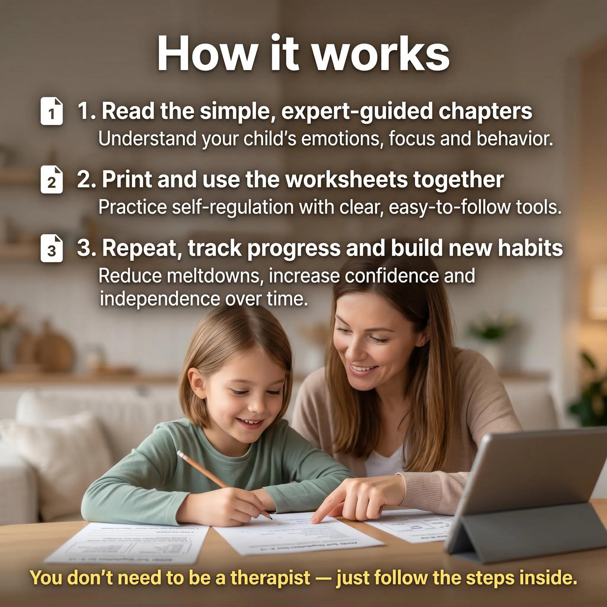 Parent and child review ADHD self-regulation workbook with a simple step-by-step method for calm and focus.